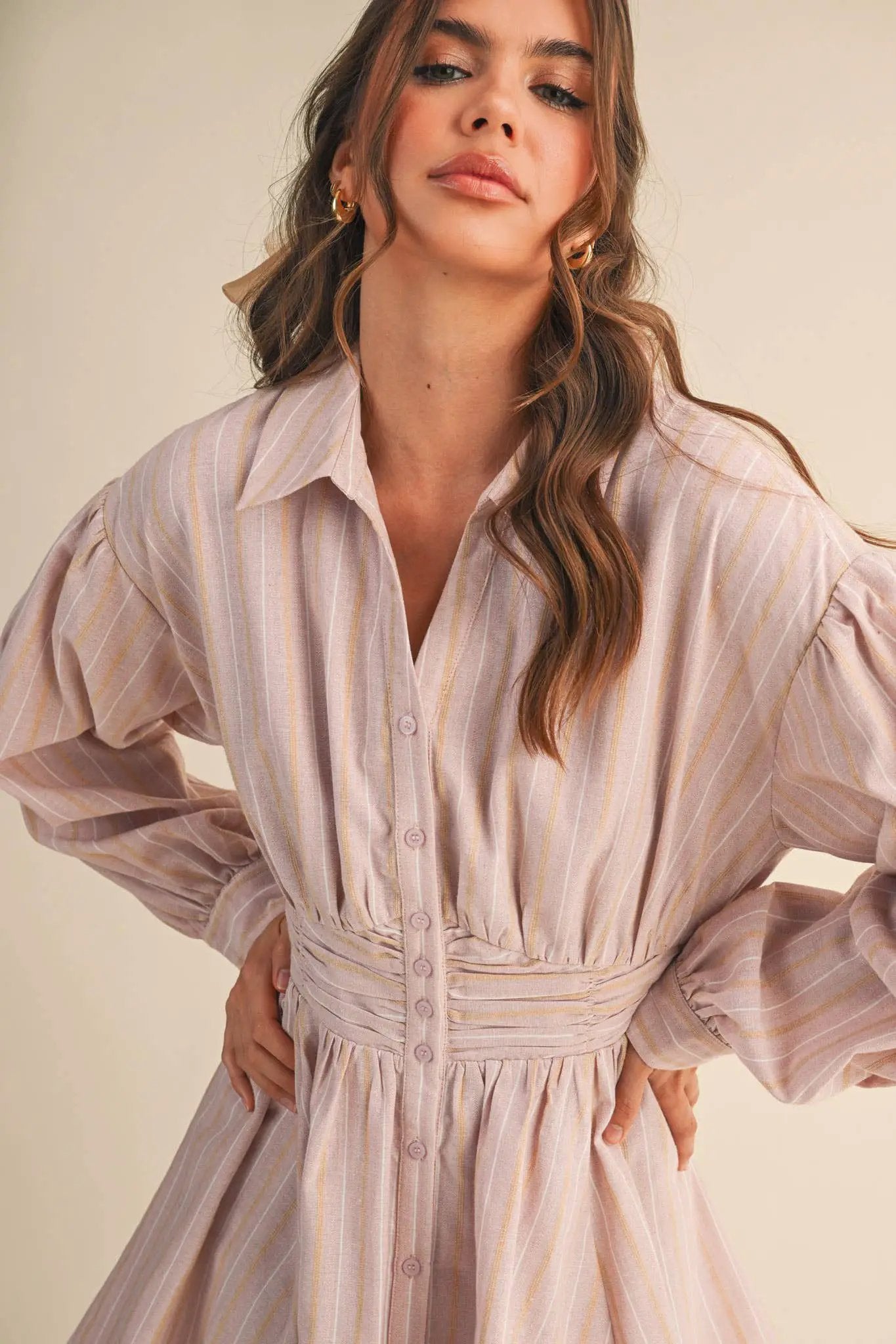&MERCI Blushing Stripes Ruched Waist Mini Dress - Dresses