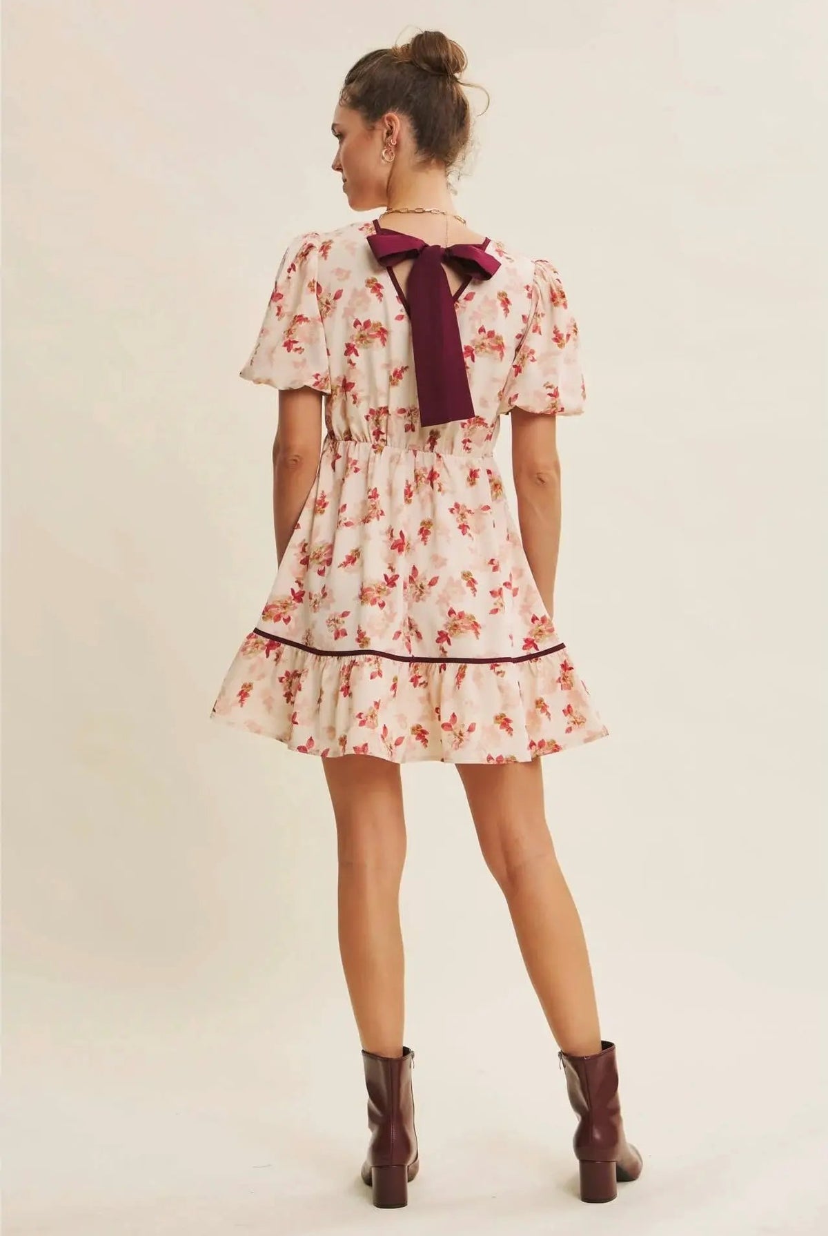 in february The Utterly Darling Cranberry Bubble Sleeved Mini Dress With Contrast Bow - Sweaters