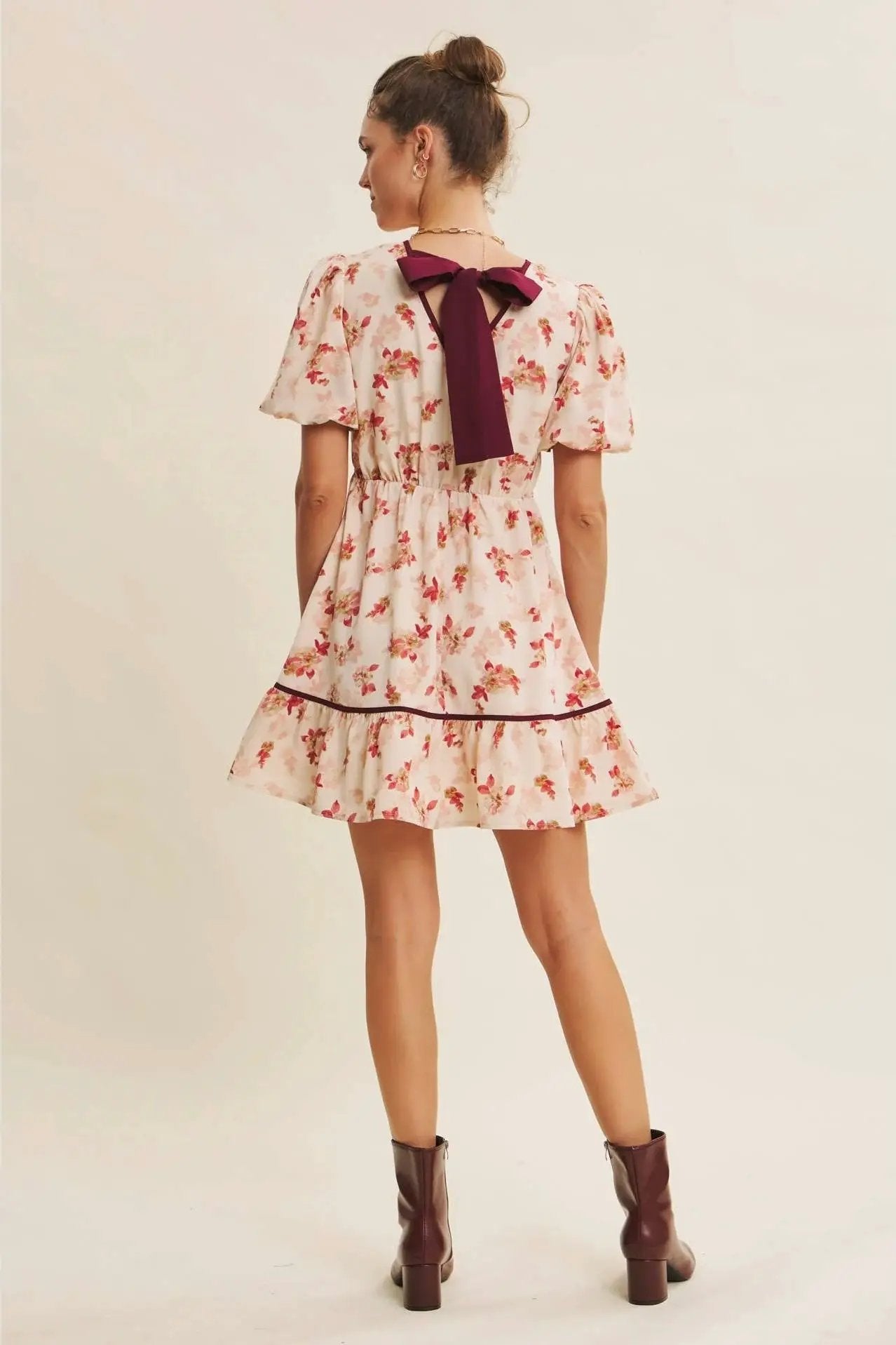 in february The Utterly Darling Cranberry Bubble Sleeved Mini Dress With Contrast Bow - Sweaters