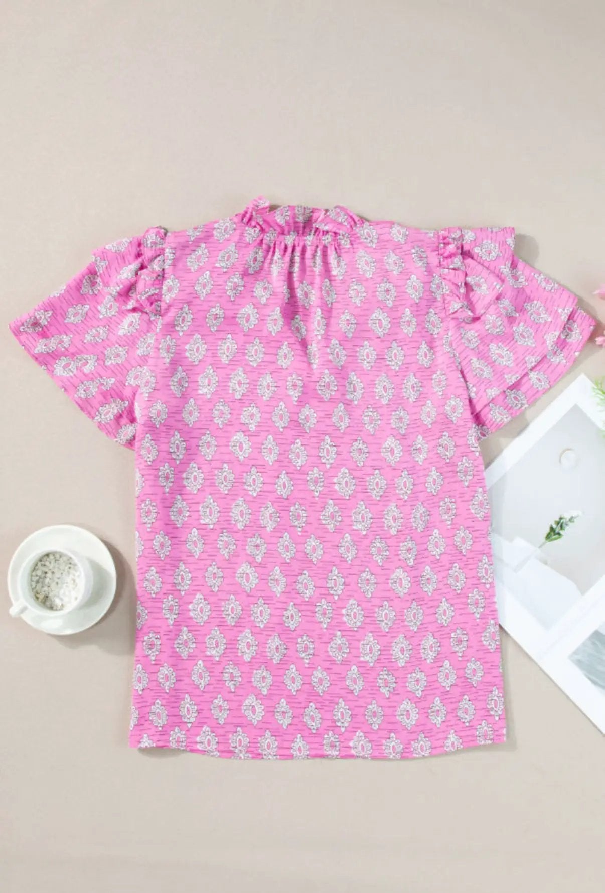 Grateful Threads Boutique Pink Vintage Floral Ruffled Split Neck Short Sleeve Blouse - Blouses Pink Vintage Floral Ruffled Split Neck Short Sleeve Blouse