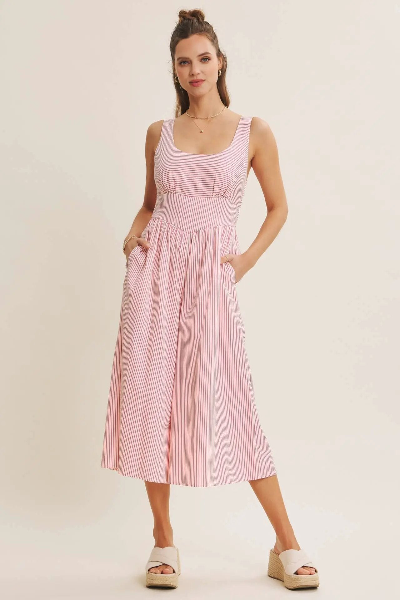 in february The Modern Ease Classic Pinstripe Wide-Leg Jumpsuit: Fuchsia - One-Pieces
