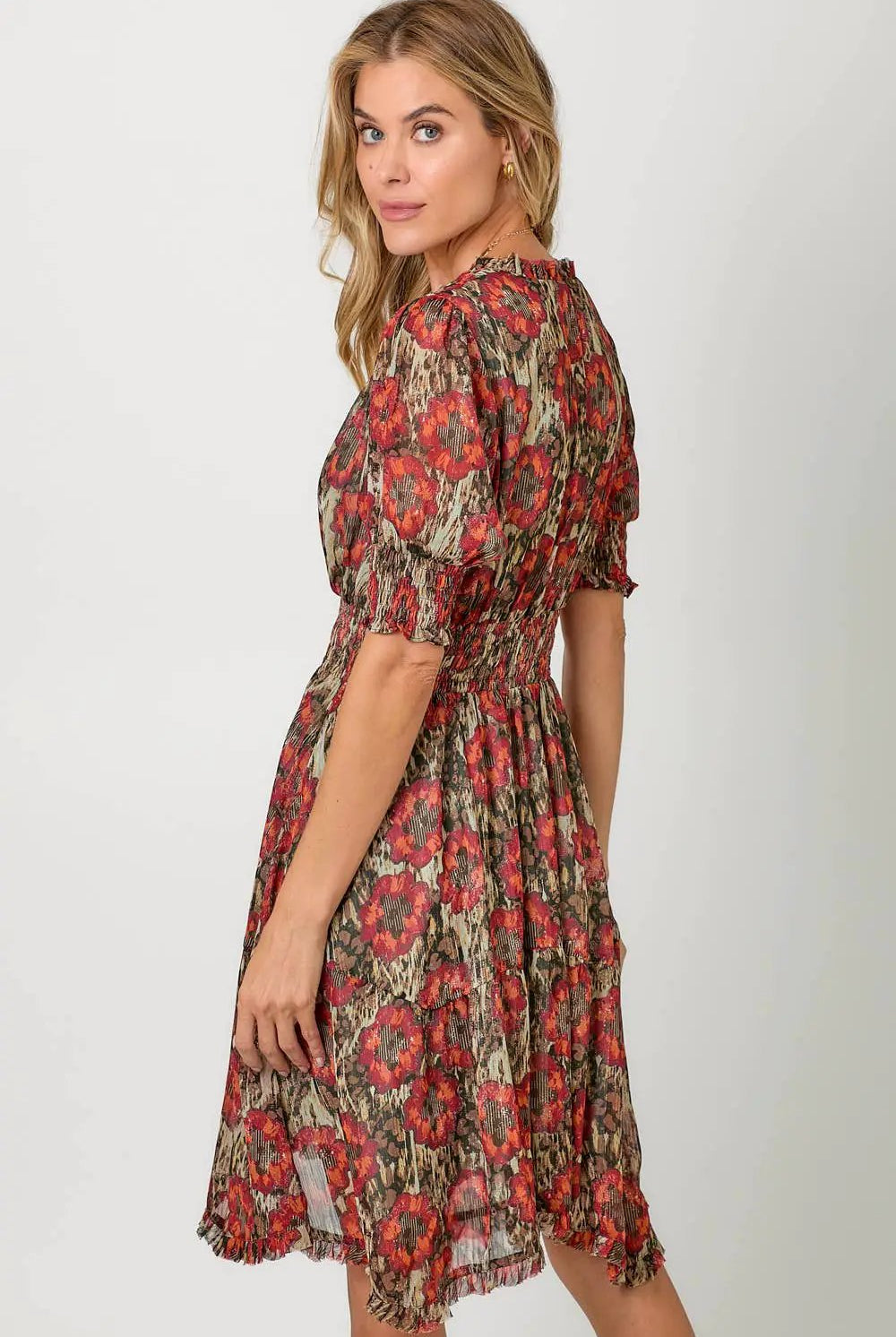 Mystree Mystree Red/Sage Lurex Flower Dress - Dresses