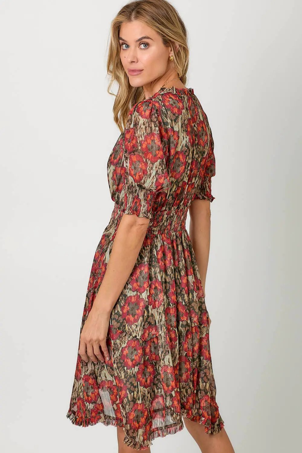 Mystree Mystree Red/Sage Lurex Flower Dress - Dresses
