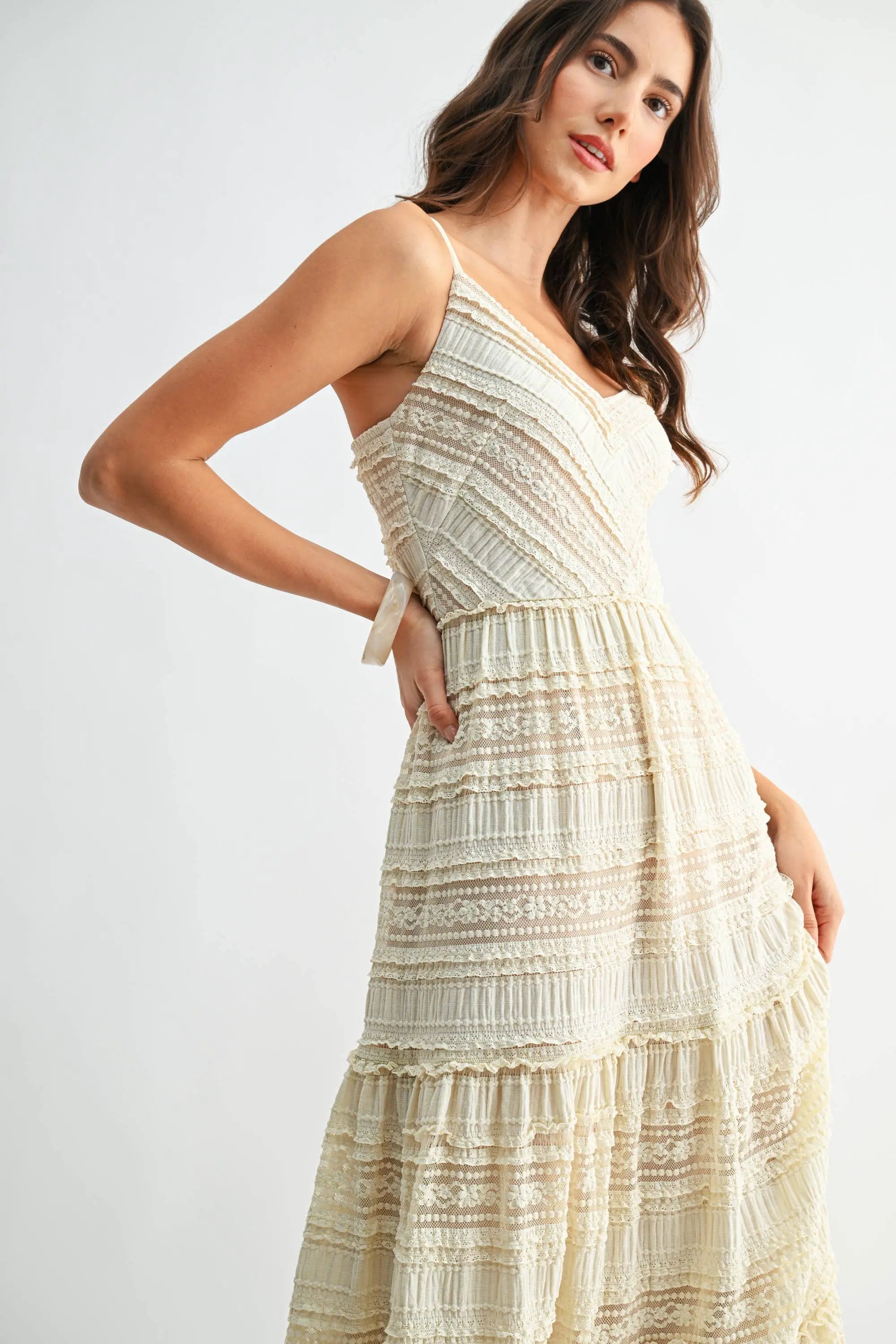 Camellia The Tiered Lace Maxi Dress with Spaghetti Straps: CREAM - Dresses