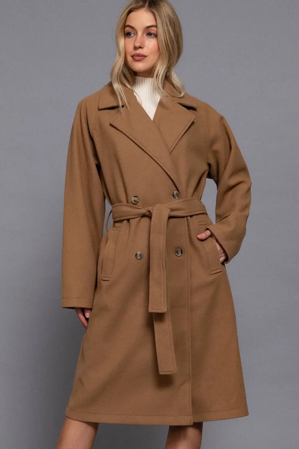Active Basic | Active USA Active Basic | Active USA - Long Sleeve Double Breasted Button Soft Felt Trench Coat in Camel - Trench Coats Long Sleeve Double Breasted Button Soft Felt Trench Coat