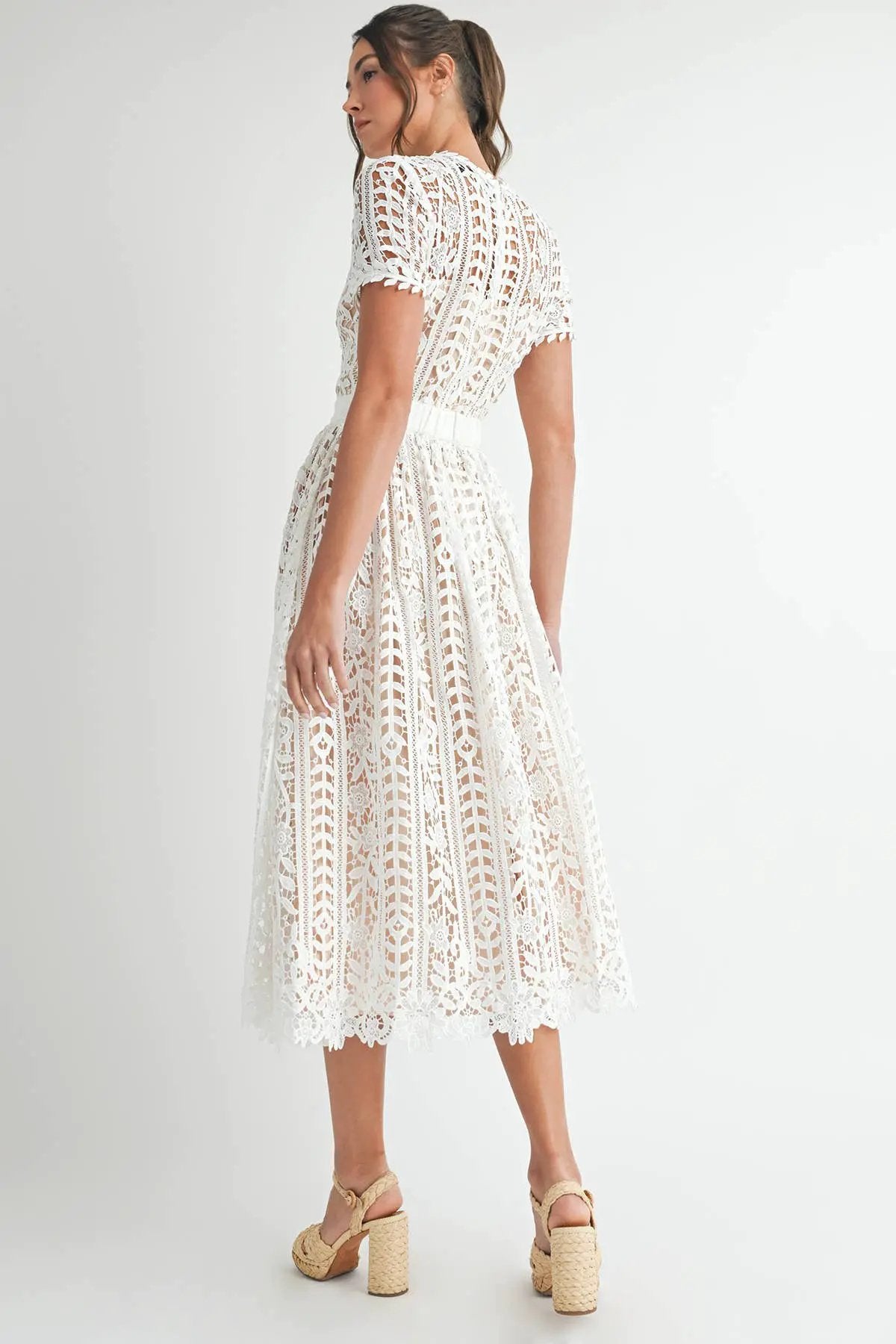 Endless Blu Endless Blu Short Sleeve White Lace Midi Dress - Dresses