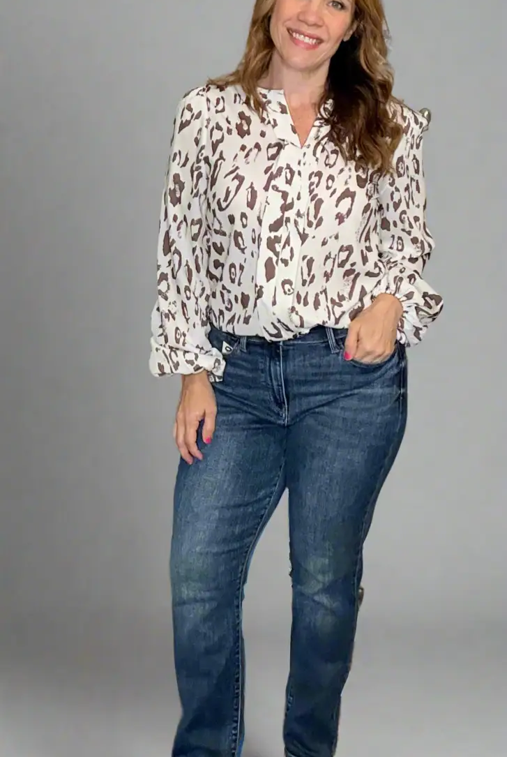 Grateful Threads Boutique Khaki Leopard Print Split Neck Balloon Sleeve Blouse - Blouses Leopard Print Balloon Sleeve Blouse