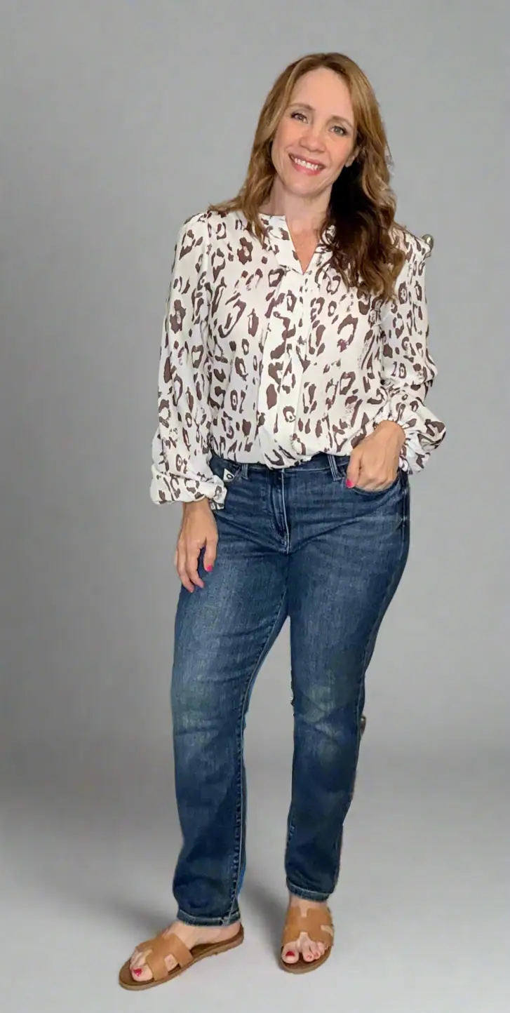 Grateful Threads Boutique Khaki Leopard Print Split Neck Balloon Sleeve Blouse - Blouses Leopard Print Balloon Sleeve Blouse