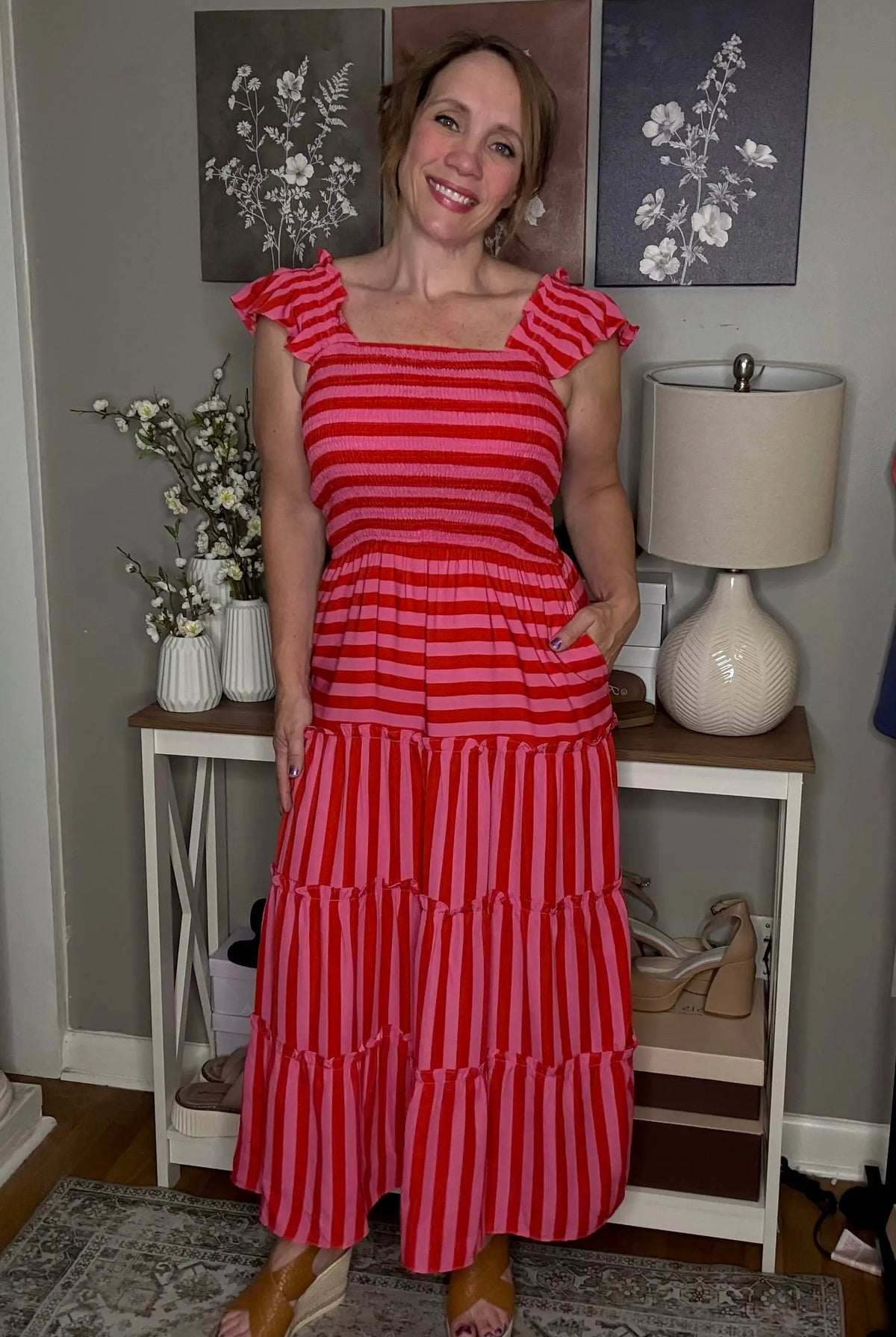Grateful Threads Boutique Rose Stripe Flutter Sleeve Smocked Bodice Tiered Maxi Dress - Dresses Rose Stripe Flutter Sleeve Smocked Bodice Tiered Maxi Dress