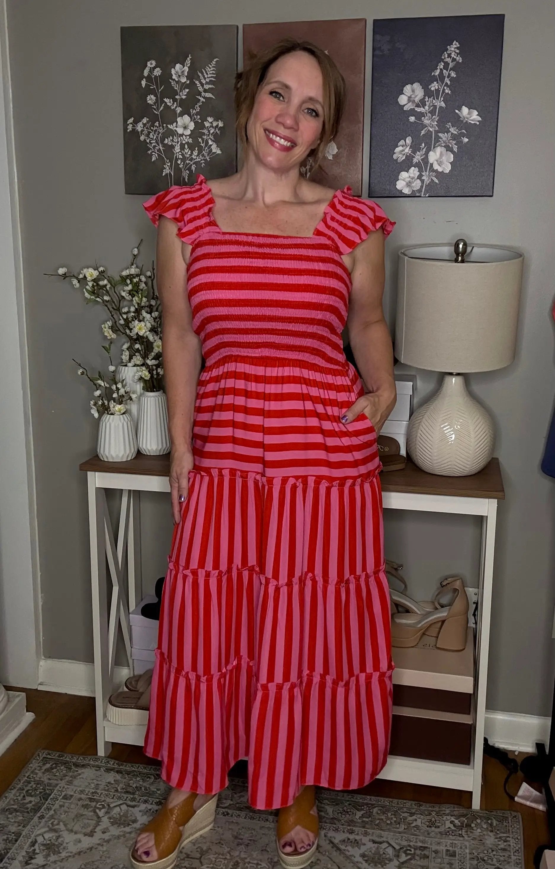 Grateful Threads Boutique Rose Stripe Flutter Sleeve Smocked Bodice Tiered Maxi Dress - Dresses Rose Stripe Flutter Sleeve Smocked Bodice Tiered Maxi Dress
