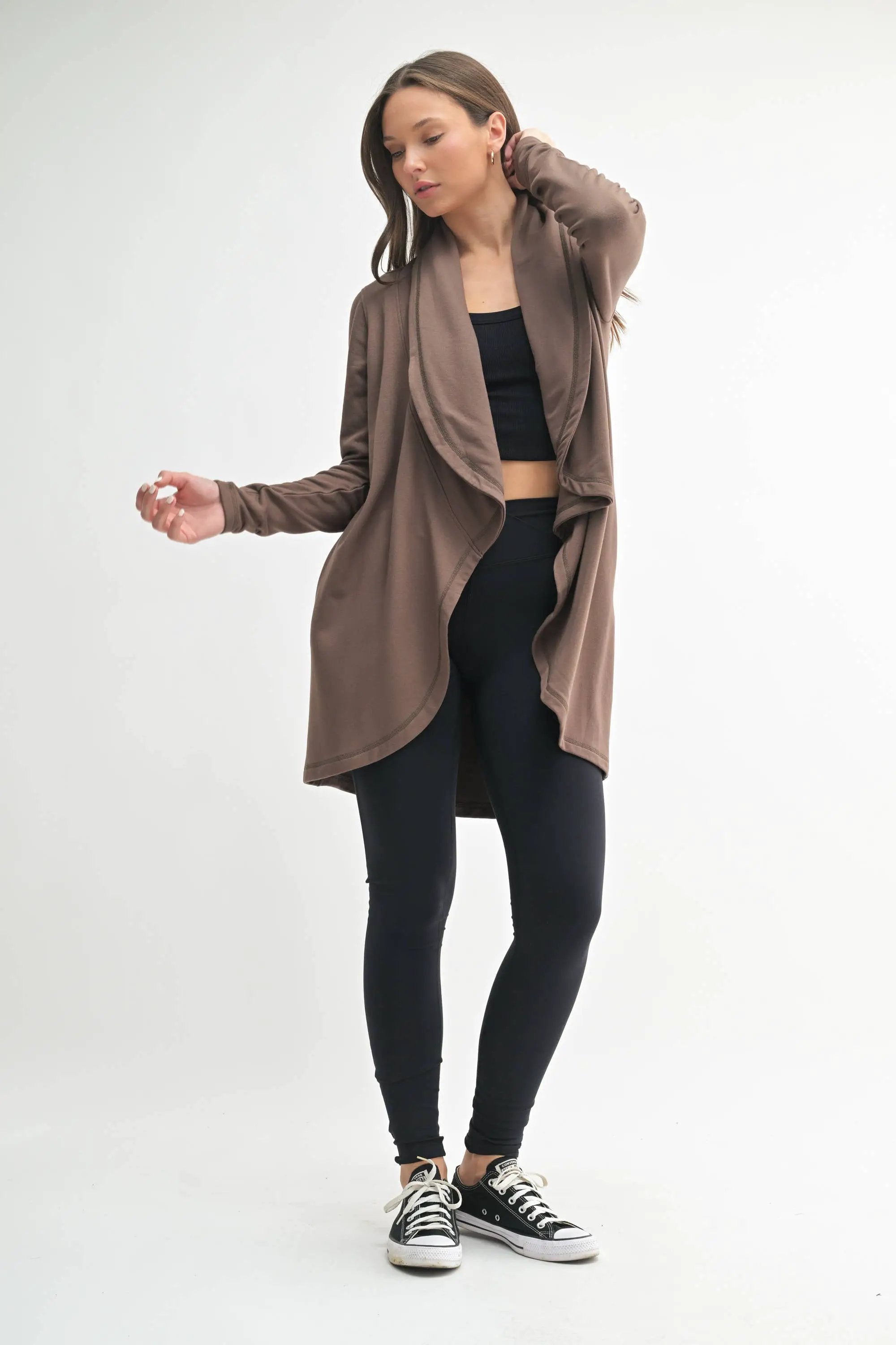 Mono B Mono B - Fleece Lined Flowy Open Cardigan in Java - Shirts Mono B - Fleece Lined Flowy Open Cardigan