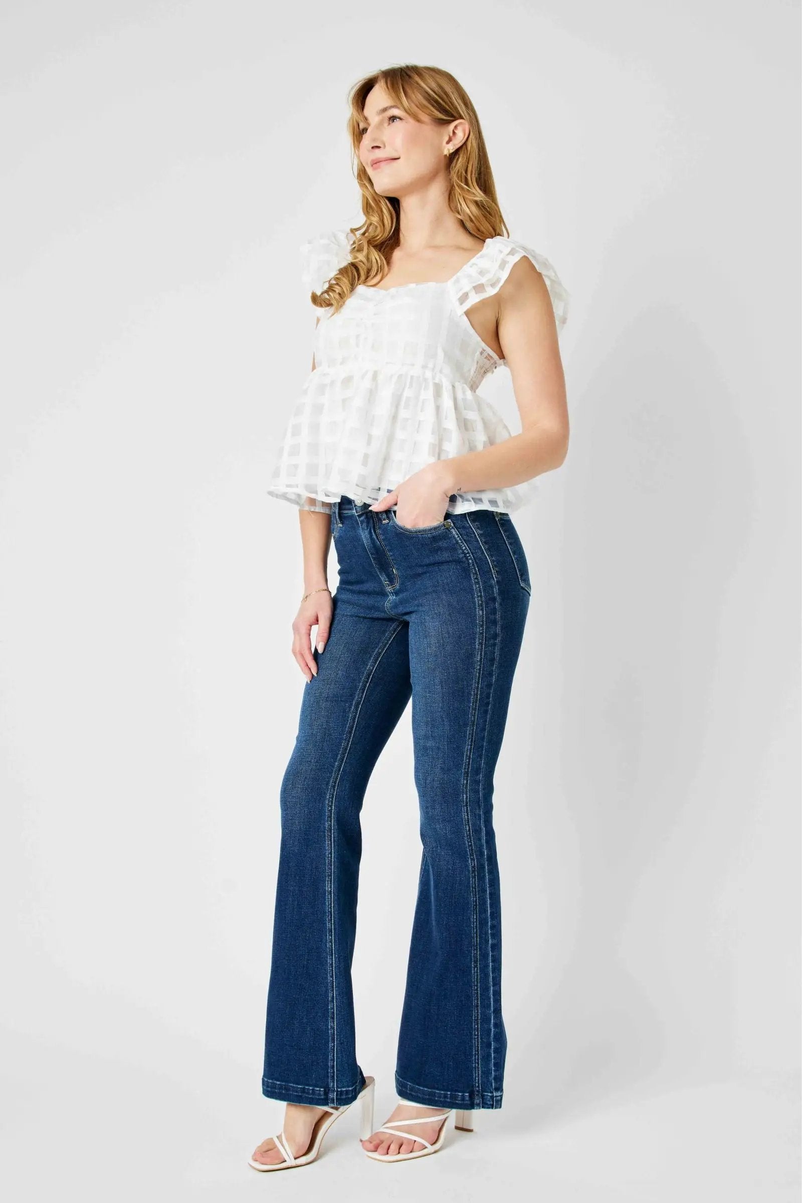 Judy Blue Judy Blue High Waist Angled Side Seam Detail Flare Denim Jeans - Jeans Judy Blue high waist angled side deam flare jeans