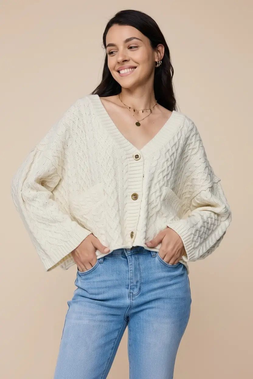 Lovesoft Lovesoft - 100% Acrylic Relaxed Cozy Cable Knit Cardigan - Apricot - Cardigans