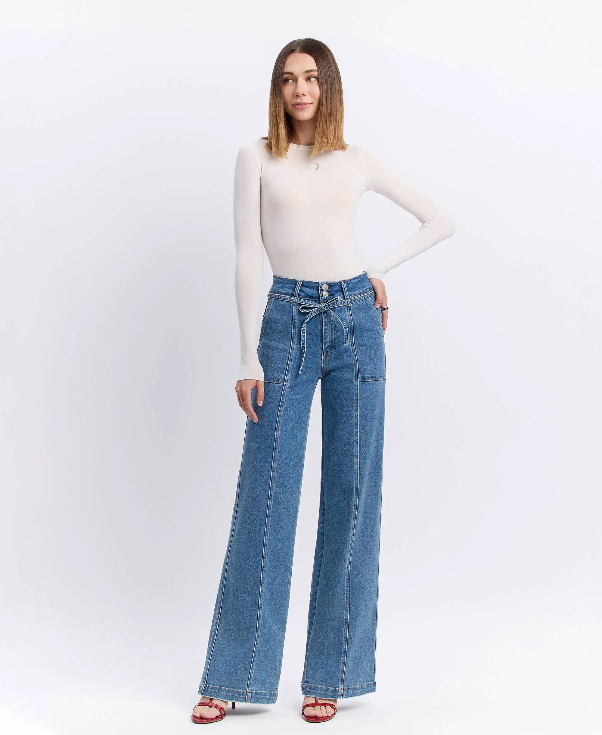 VERVET by FLYING MONKEY VERVET ‘Olivia’ Super High Rise Tie Waistband Wide Leg Jeans - Jeans