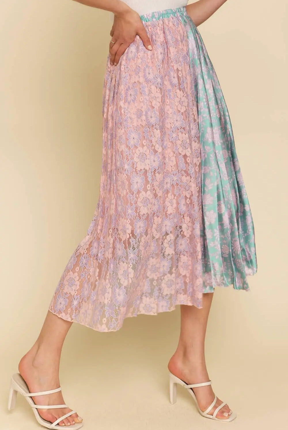 Mystree Mystree Mixed Media Midi Skirt: Teal/Lavender - Skirts