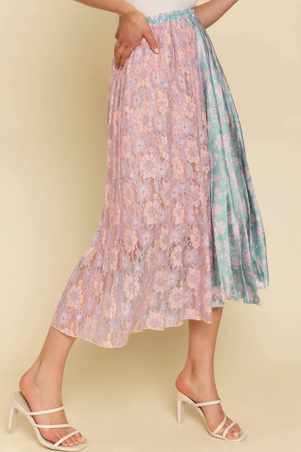 Mystree Mystree Mixed Media Midi Skirt: Teal/Lavender - Skirts