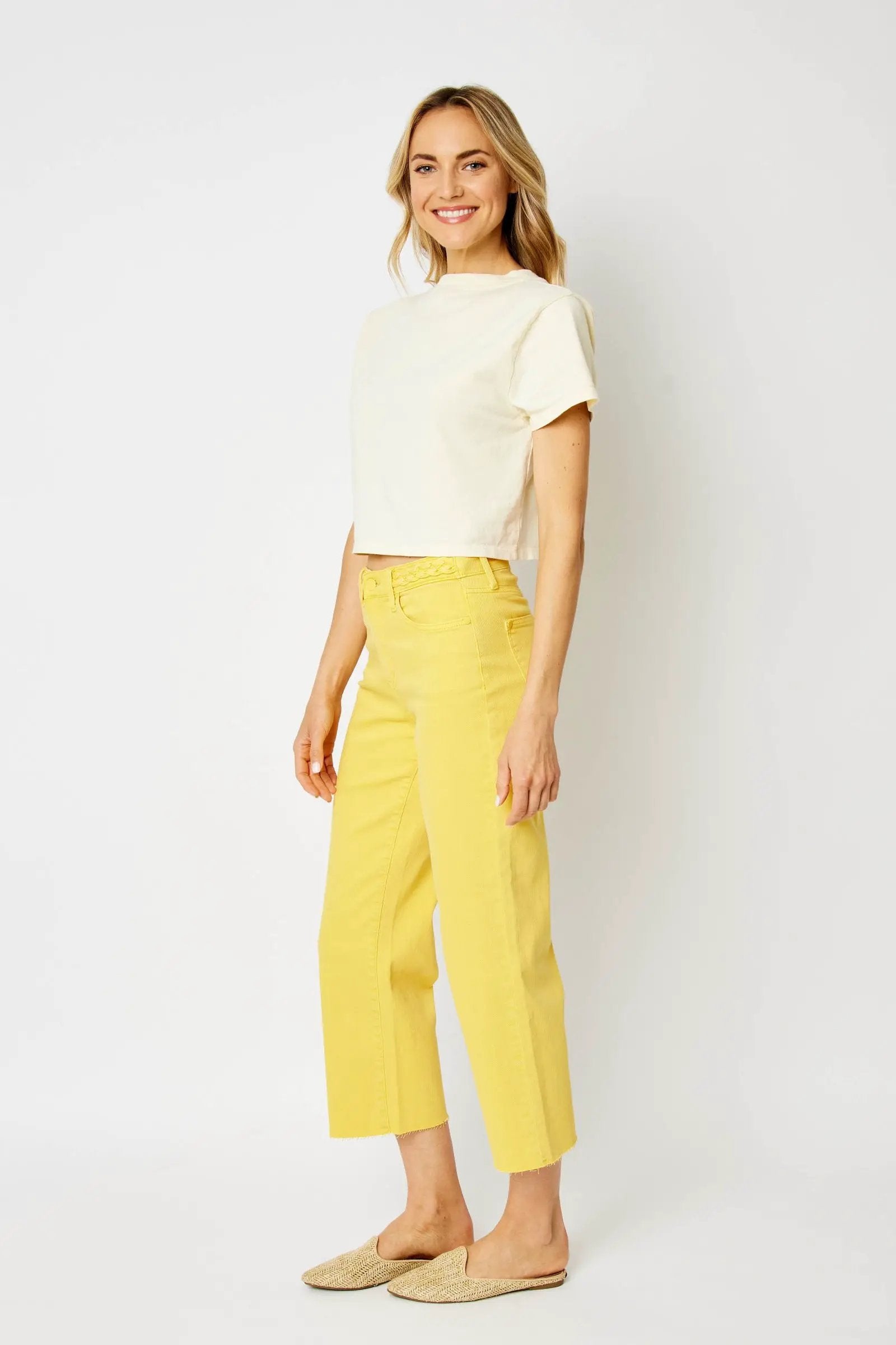Judy Blue The Braided Waist Band Yellow Cropped Wide Leg Jeans - Jeans Judy Blue High Waisted Yellow Garment Dyed Braided Waist Band Cropped Wide Leg Denim Jeans