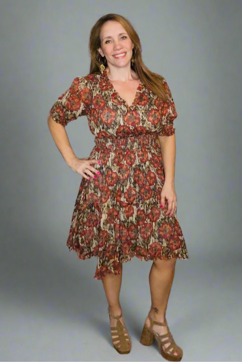Mystree Mystree Red/Sage Lurex Flower Dress - Dresses