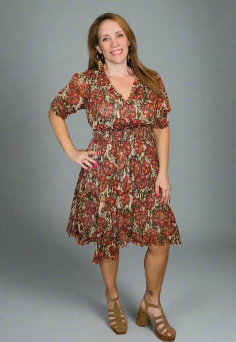 Mystree Mystree Red/Sage Lurex Flower Dress - Dresses