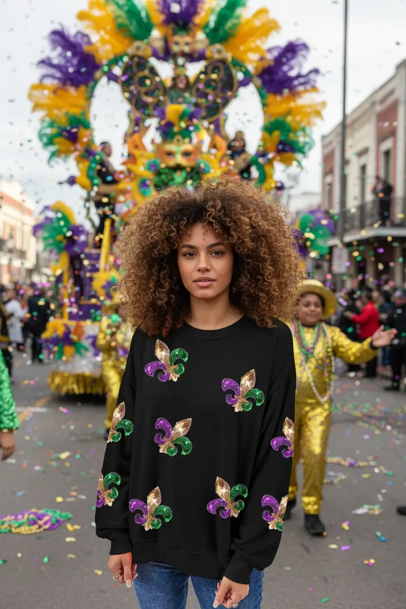 1 the Woman Sequin Mardi Gras Graphic Pullover Sweatshirt - Sweatshirts