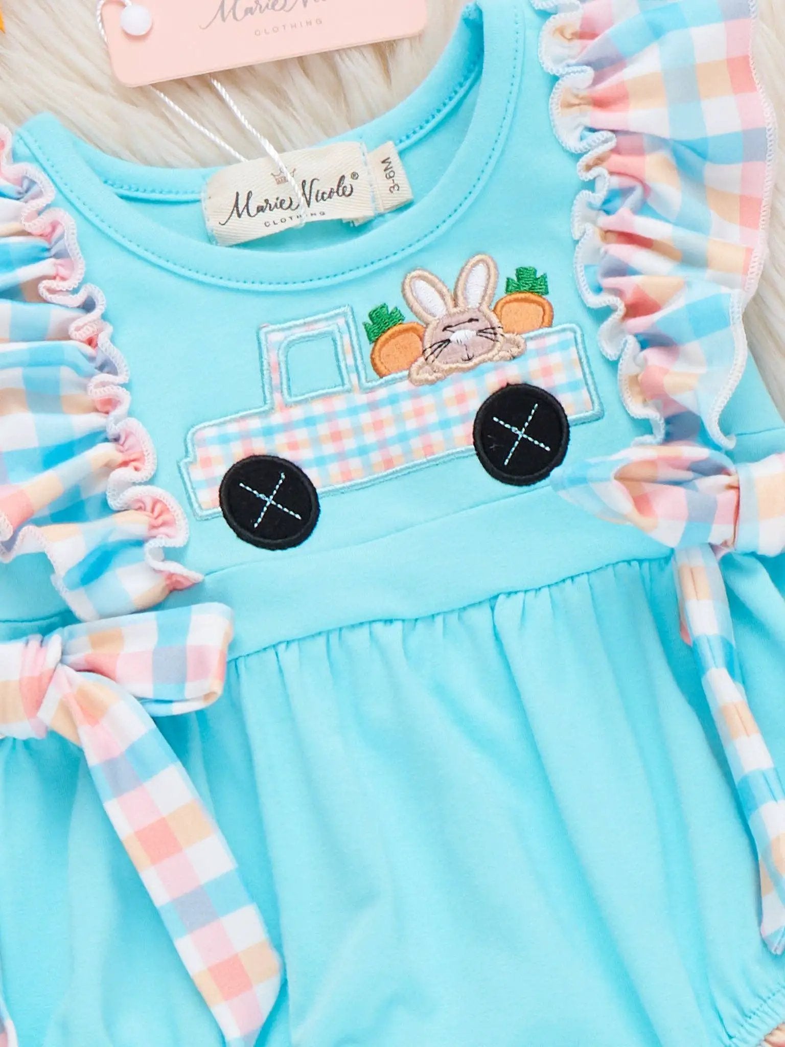 Marie Nicole Clothing The Bunny Carrot Delivery Embroidered Ruffle Bubble Romper - Baby One-Pieces