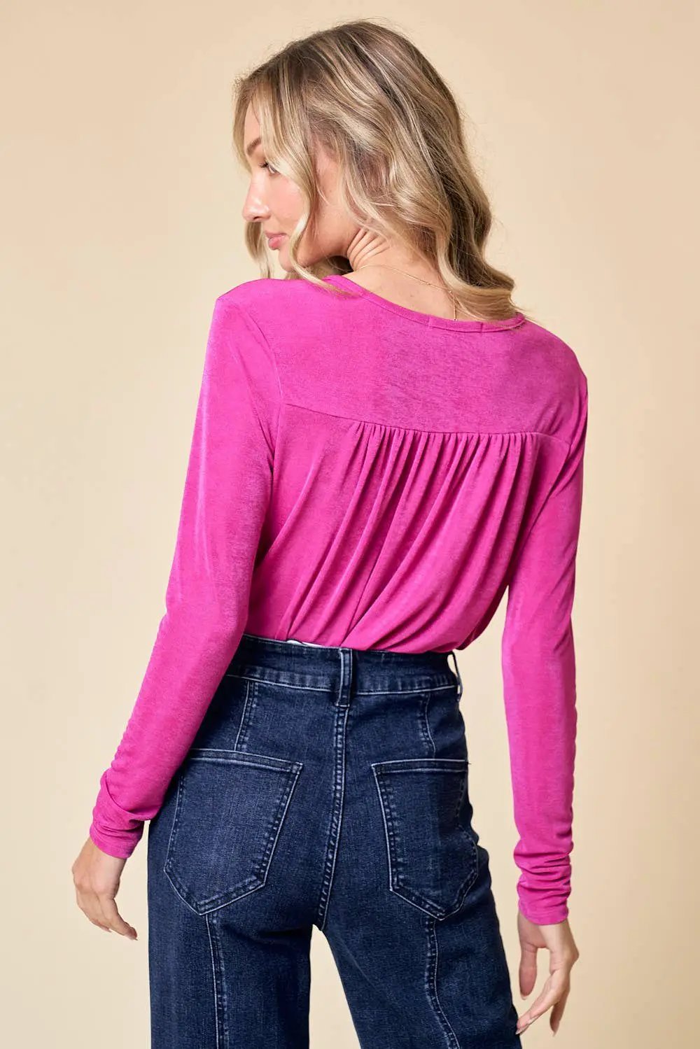 WISTERIA LANE Wisteria Lane - Soft Blush Slinky Surplice Long Sleeve Bodysuit - Bodysuits