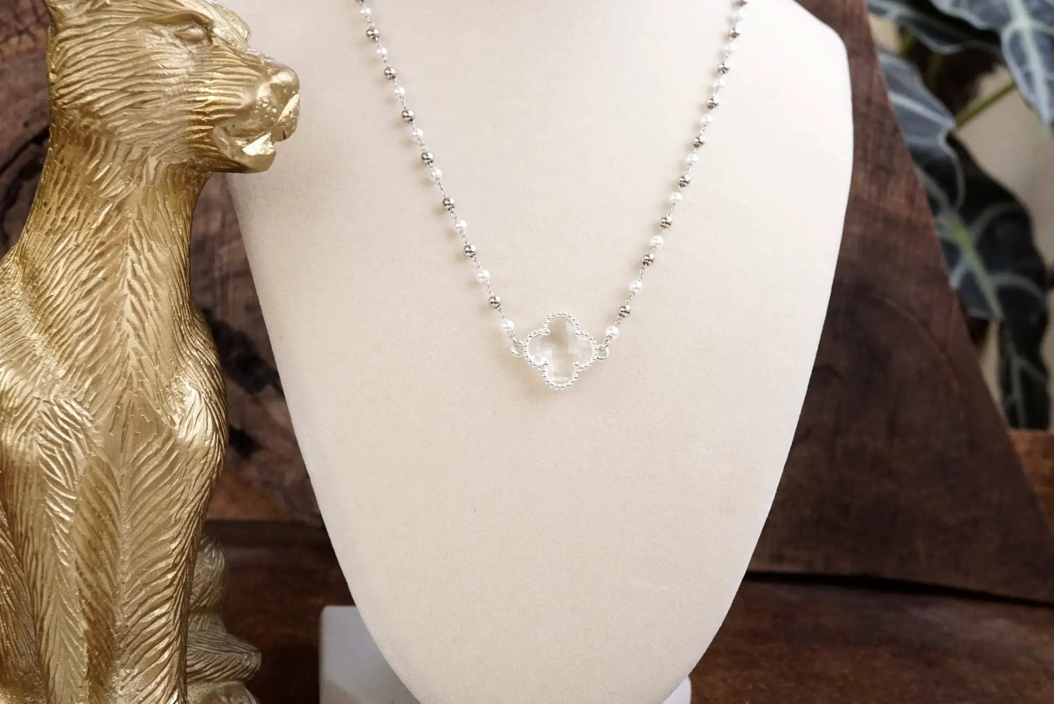 PennyLine inc The Pearled Clover Pendant Beaded Necklace: Gold - Necklaces