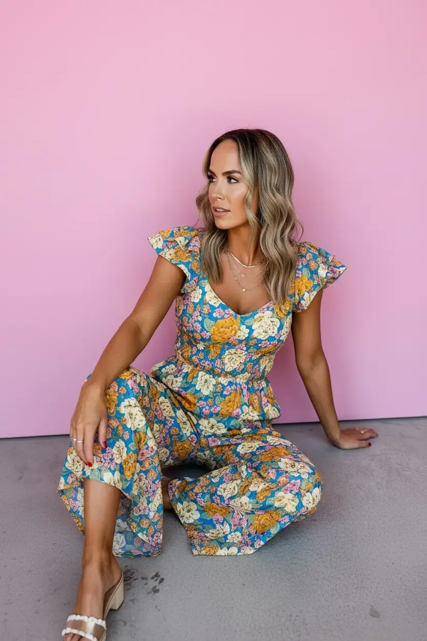 Grateful Threads Boutique The Golden Bloom Flutter Sleeve Jumpsuit - One-Pieces Yellow Floral Allover Print Shirred Cut Out High Waist Jumpsuit