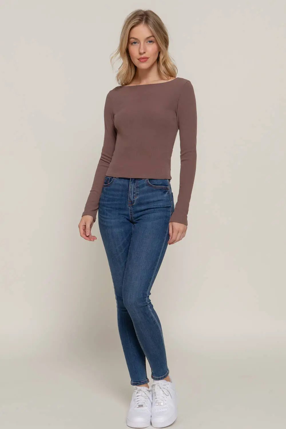 Active Basic | Active USA Active Basic | Active USA - Long Sleeve Boat Neck Brushed Rib Knit Top in Charcoal - Clothing Tops