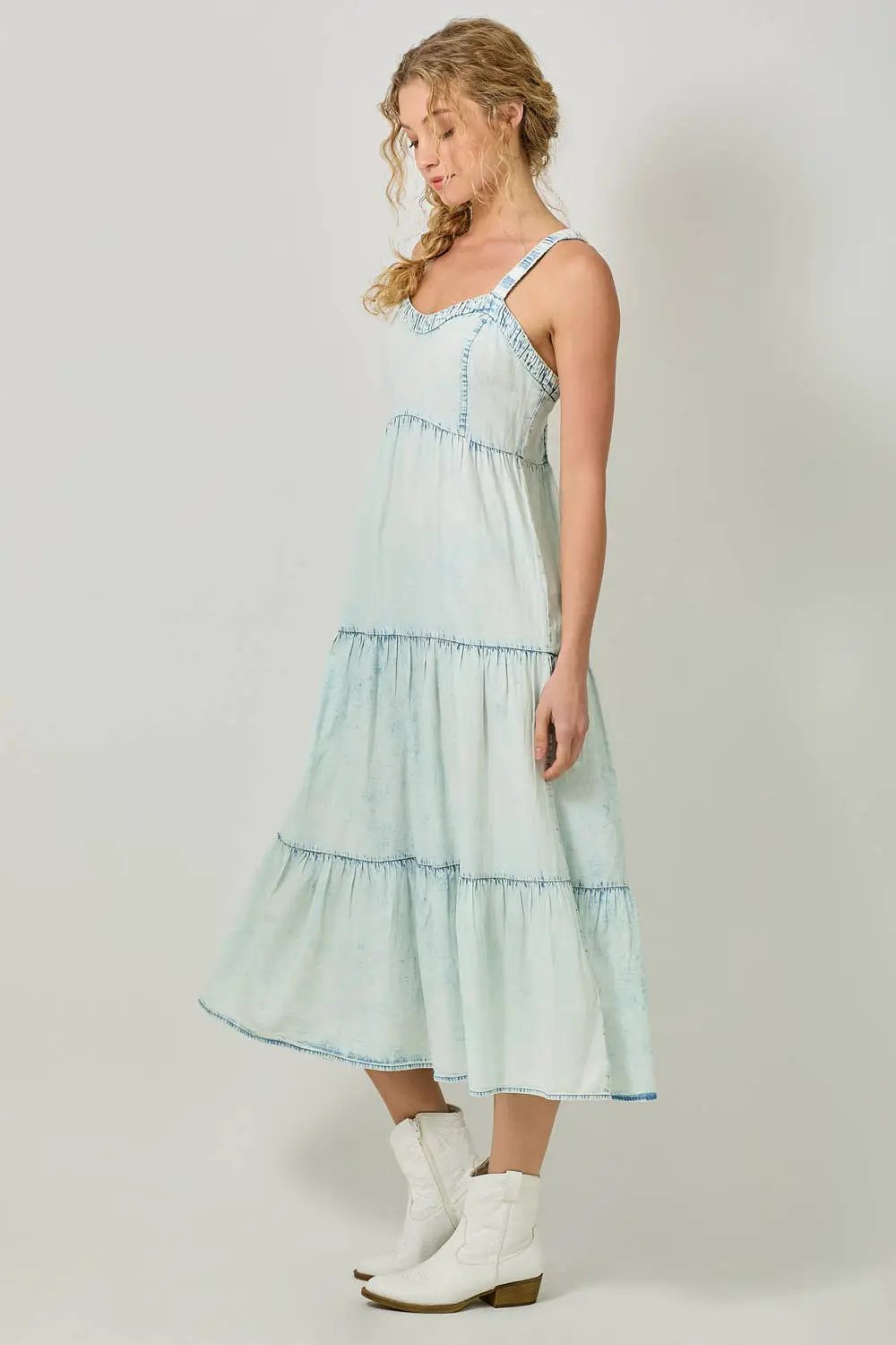 Mystree Mystree Washed Tencel Tiered Dress: Ice Blue - Dresses