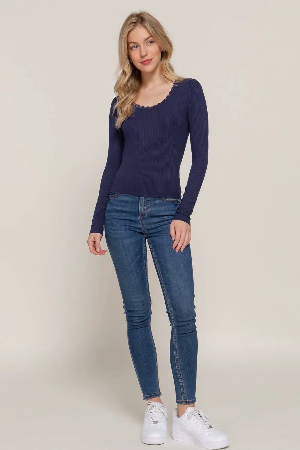 Active Basic | Active USA Active Basic | Active USA - Long Sleeve Scoop Neck with Lace Trim Rib Knit Top in Army Olive - Sweaters