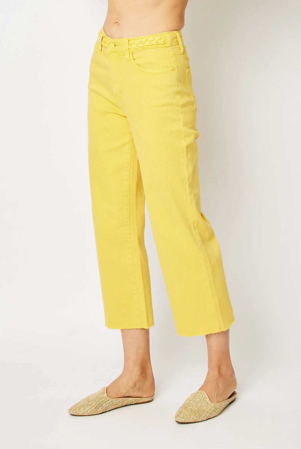 Judy Blue The Braided Waist Band Yellow Cropped Wide Leg Jeans - Jeans Judy Blue High Waisted Yellow Garment Dyed Braided Waist Band Cropped Wide Leg Denim Jeans