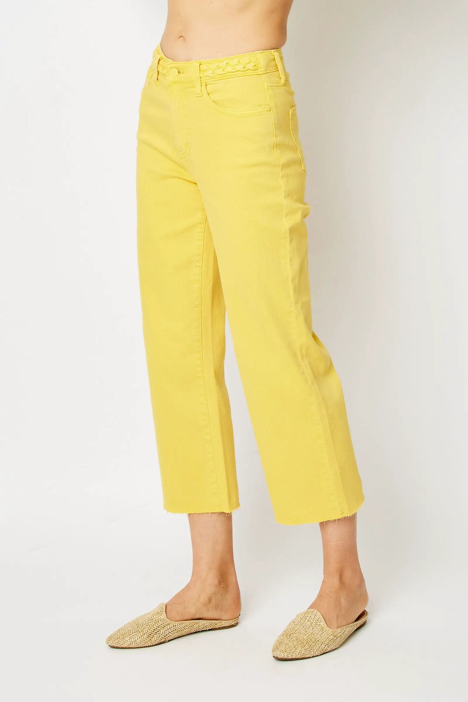 Judy Blue The Braided Waist Band Yellow Cropped Wide Leg Jeans - Jeans Judy Blue High Waisted Yellow Garment Dyed Braided Waist Band Cropped Wide Leg Denim Jeans