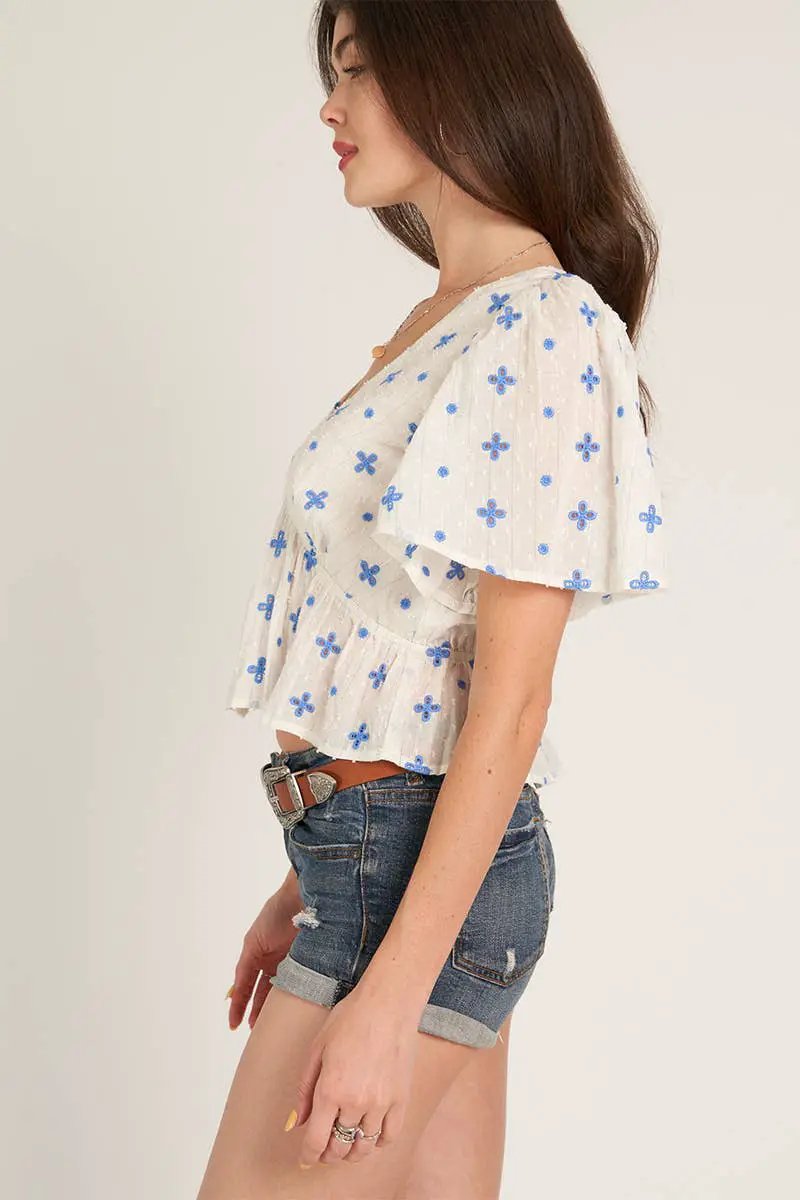 En Crème En Crème - Flutter Sleeve V-Neck Top: White Blue - Clothing Tops