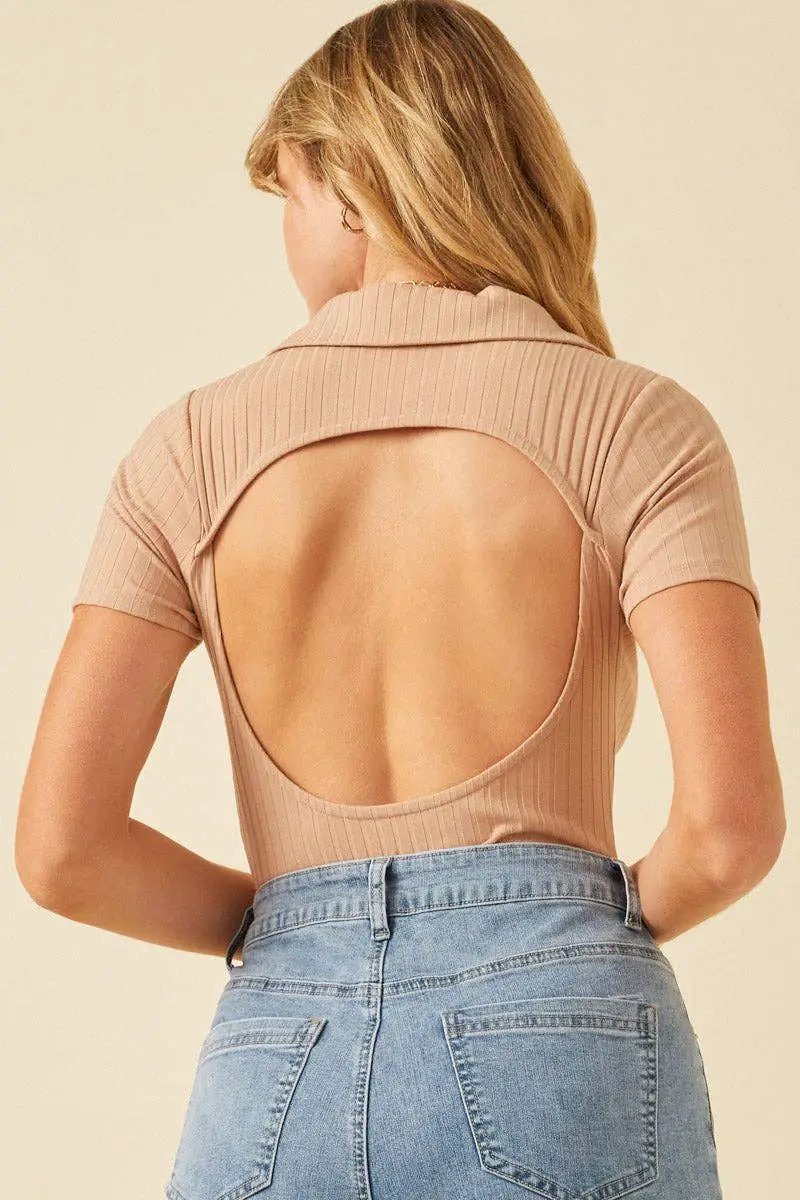 Hayden LA Hayden LA - Women's Back Cutout Collared Rib Bodysuit: Taupe - Bodysuits