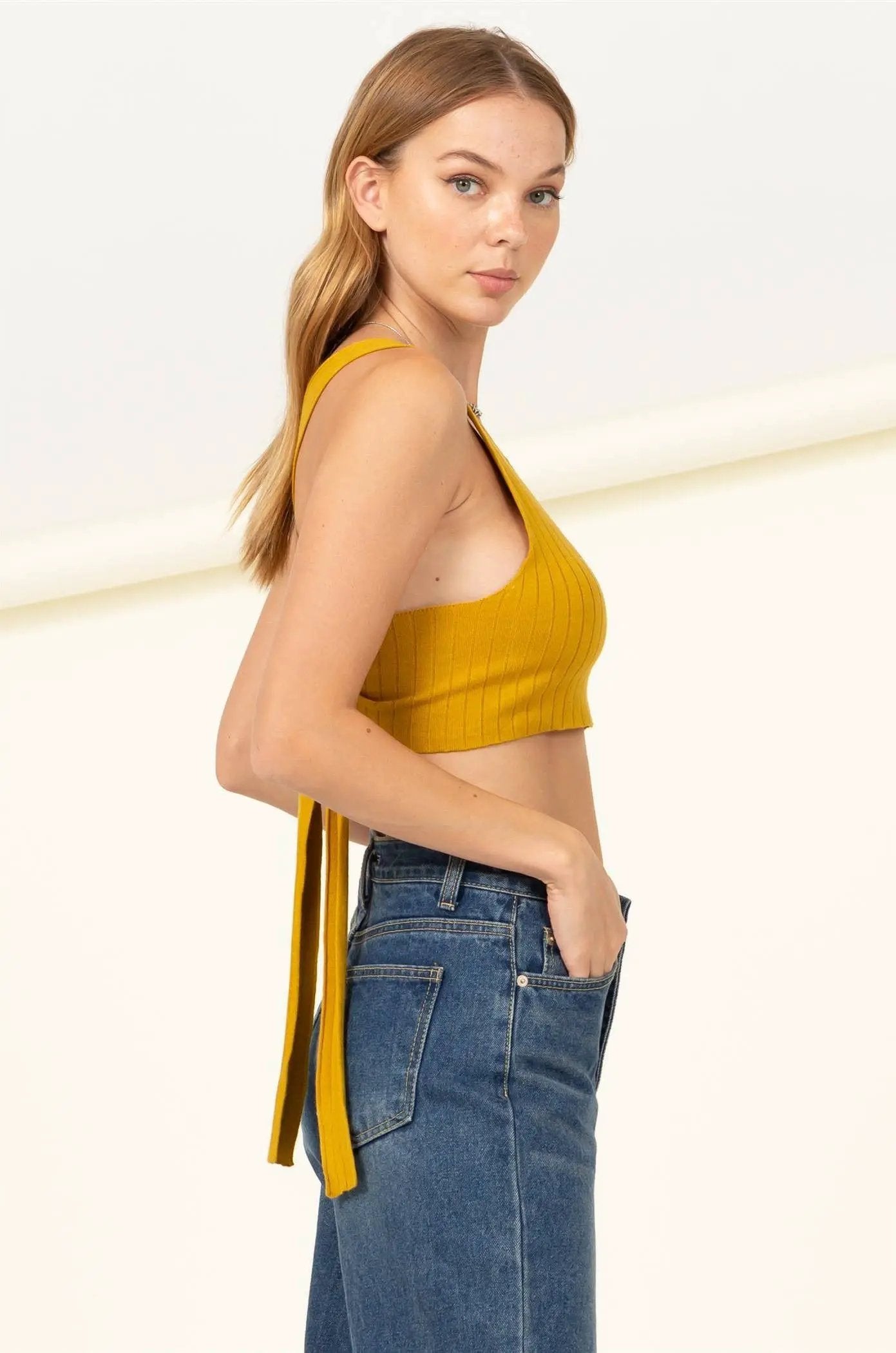 HYFVE The Golden Hour Glow Halter Ribbed Crop Top with Back Detail - Crop Tops