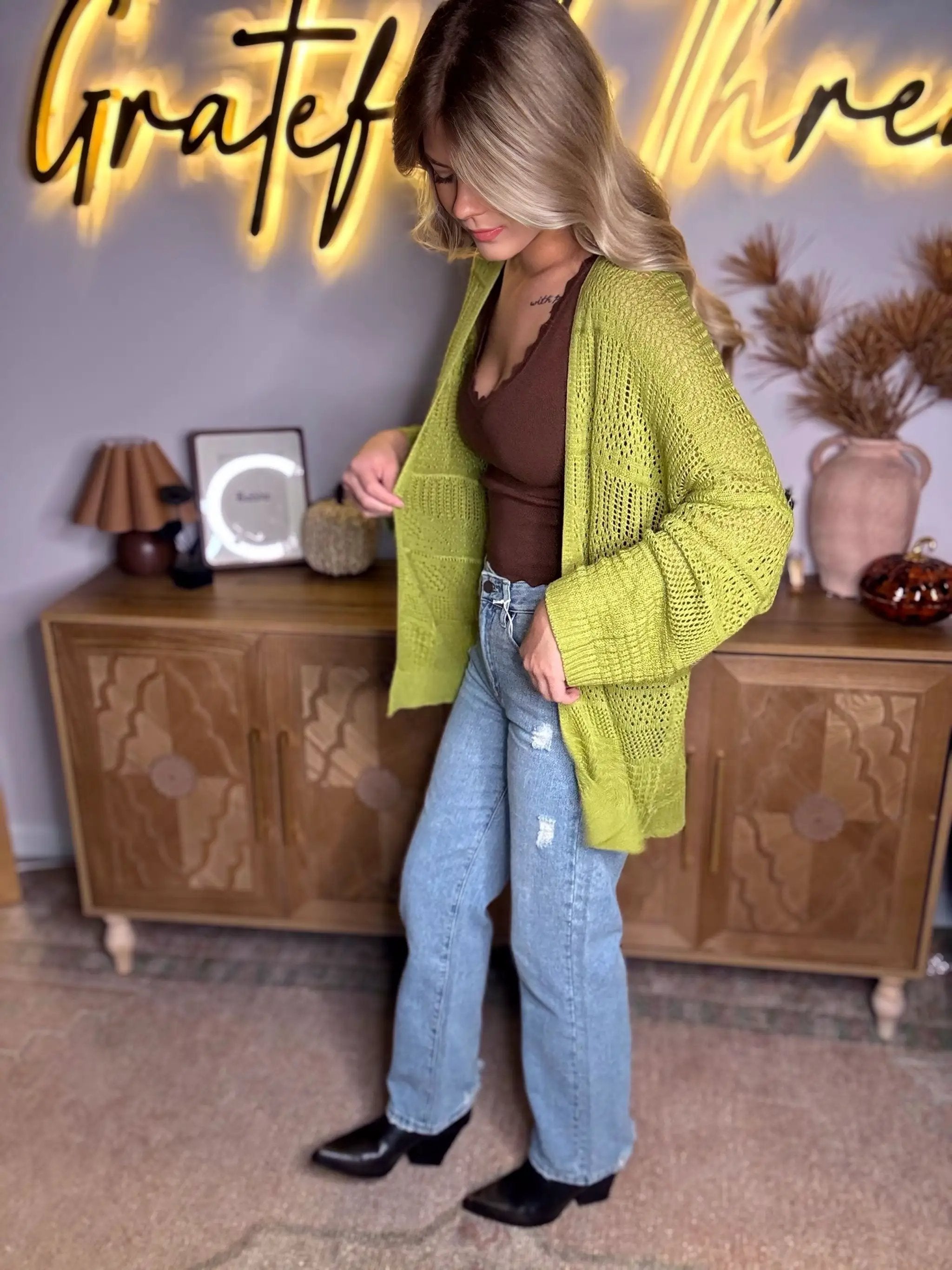 Grateful Threads Boutique Olive Breeze Oversize Crochet Knit Open Cardigan – Lightweight Layering Sweater - Cardigans Spinach Green Oversize Crochet Knit Open Cardigan