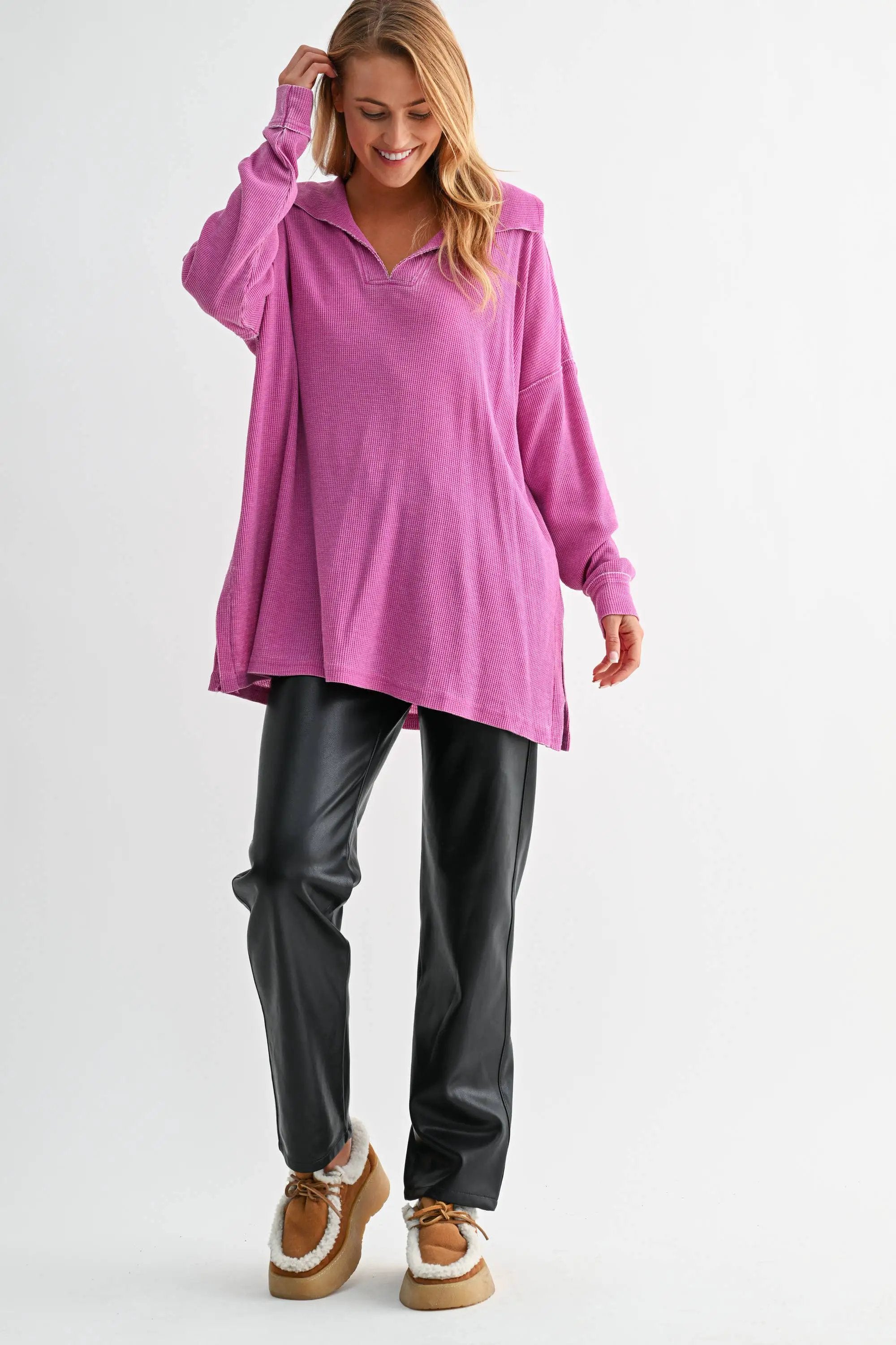 Mono B Mono B - Cotton Blend Waffle Knit Oversized Collared Long Sleeve - Sweaters Mono B - Cotton Blend Waffle Knit Oversized Collared Long Sleeve