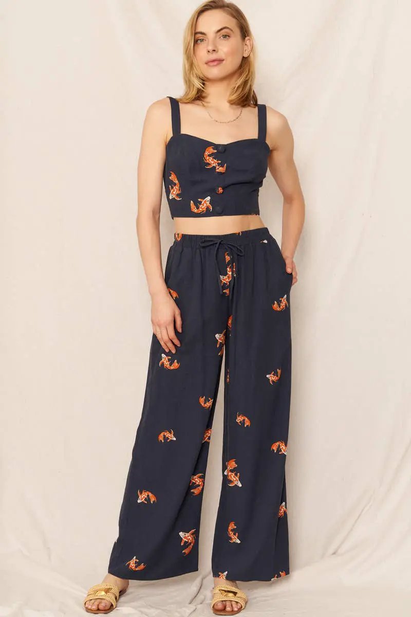 En Crème En Crème Navy & Orange Koi Fish Print Wide Leg Pants - Pants wide leg pants