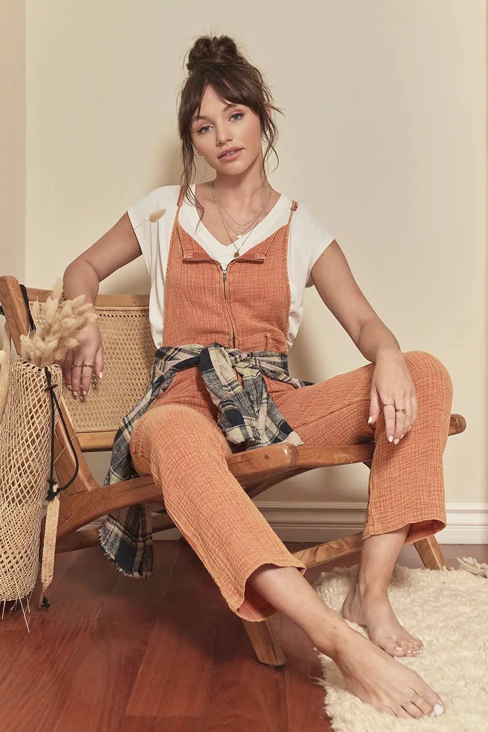 Mystree Mystree Washed Zip-Up Overall in Tangerine - One-Pieces