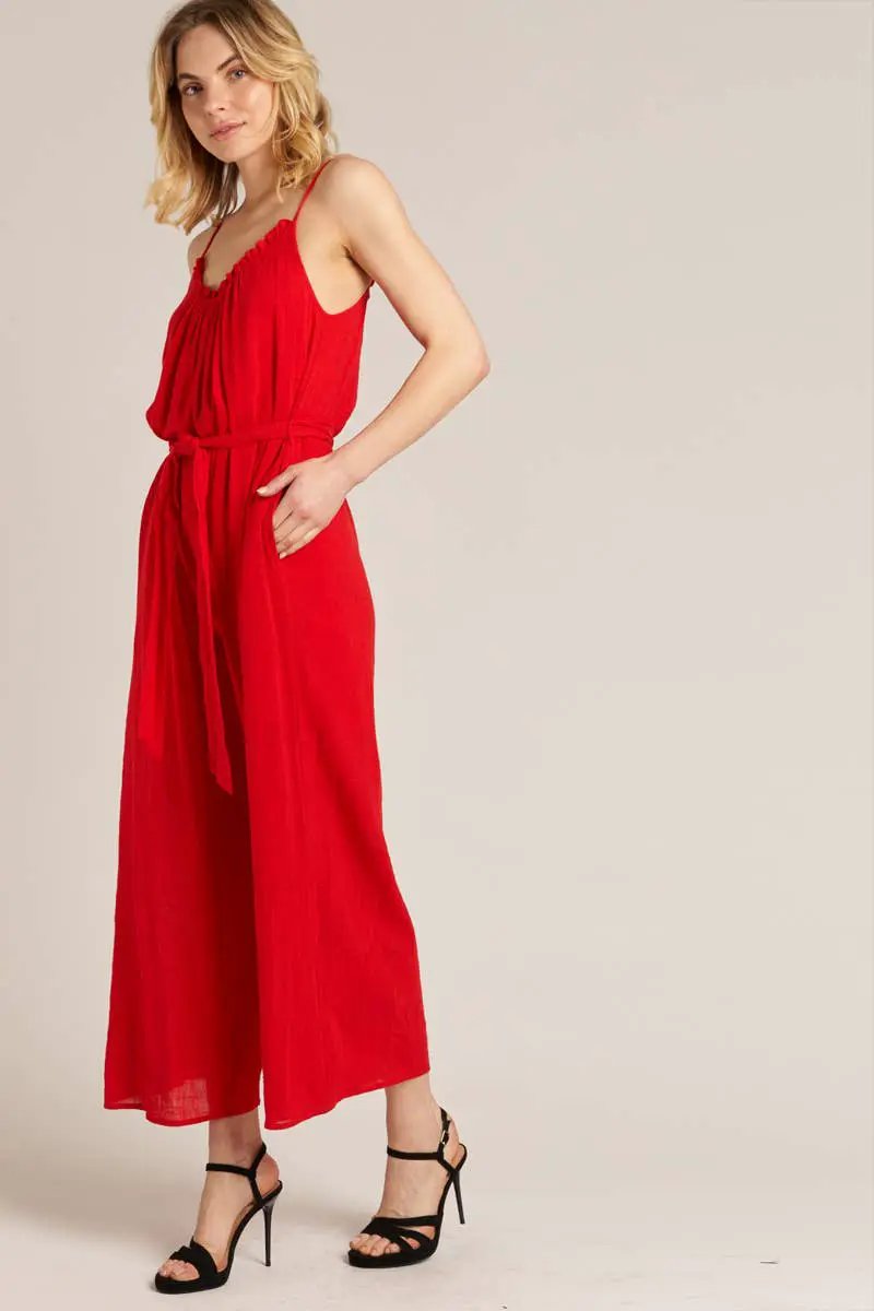 En Crème En Crème Red Sleeveless Belted Jumpsuit - One-Pieces red sleeveless jumpsuit