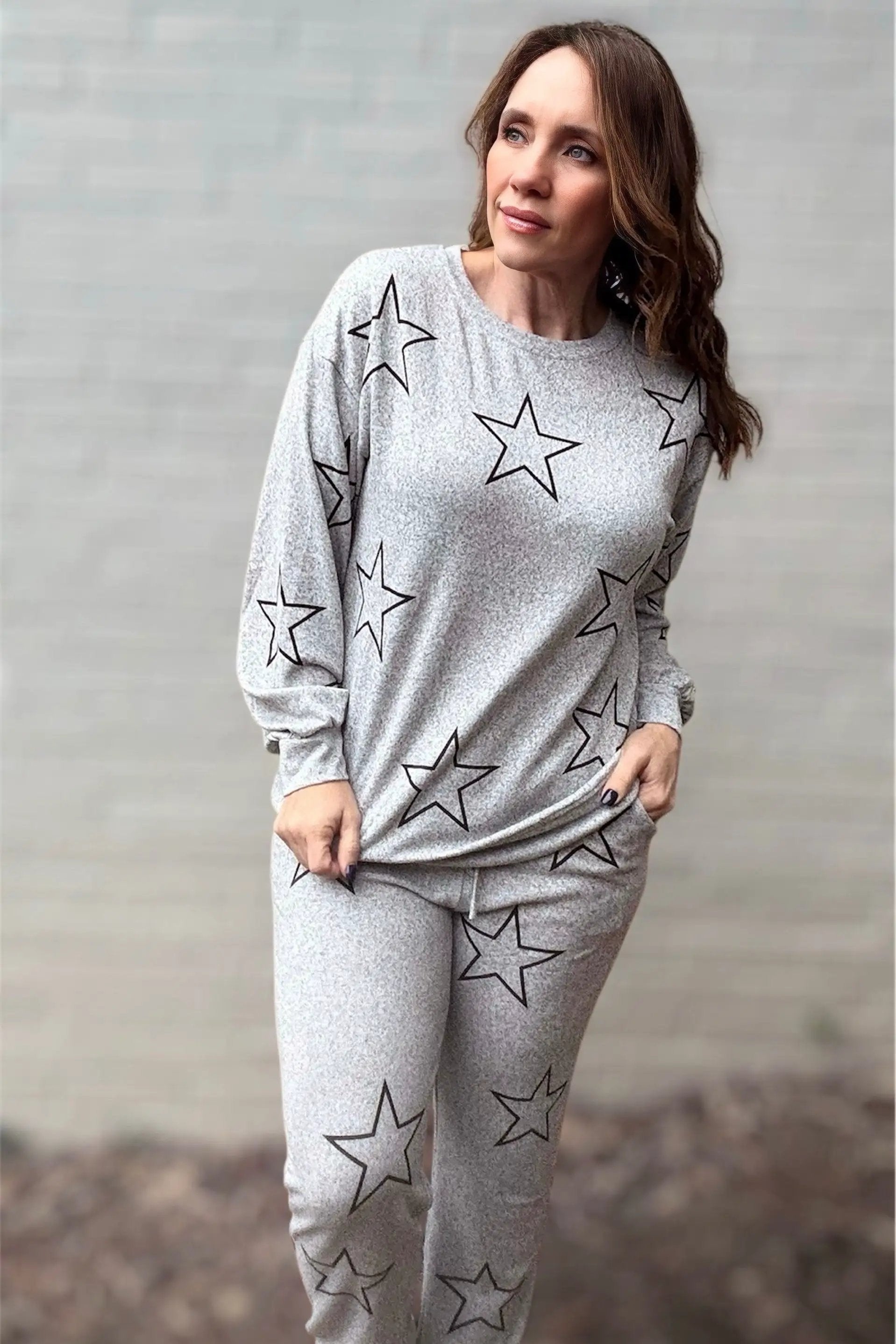Grateful Threads Boutique Gray Stars Print Long Sleeve Drawstring High Waist Lounge Set - Loungewear