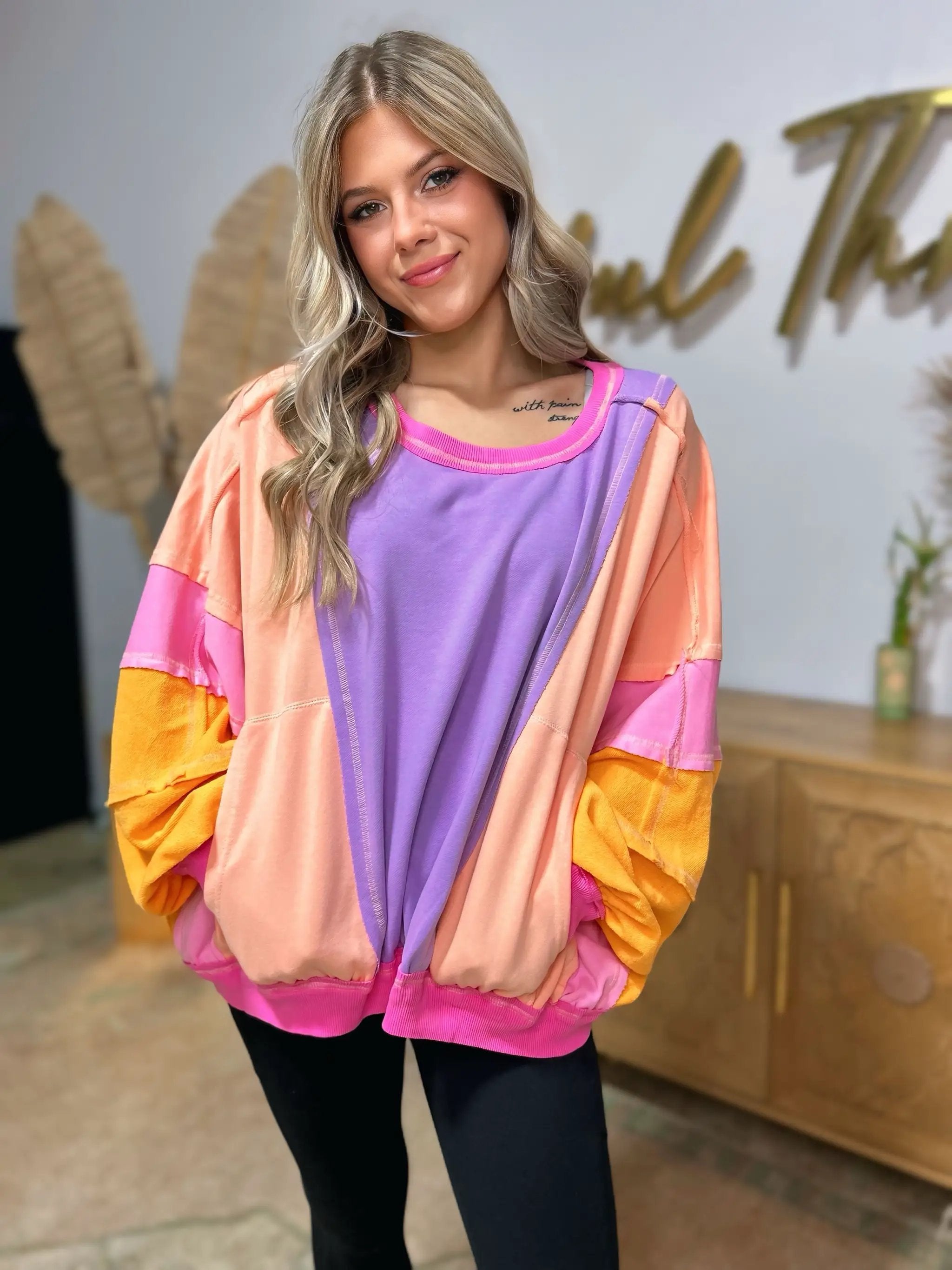 BiBi Colorblock Patchwork Exposed Seam Sweatshirt - Sweatshirts
