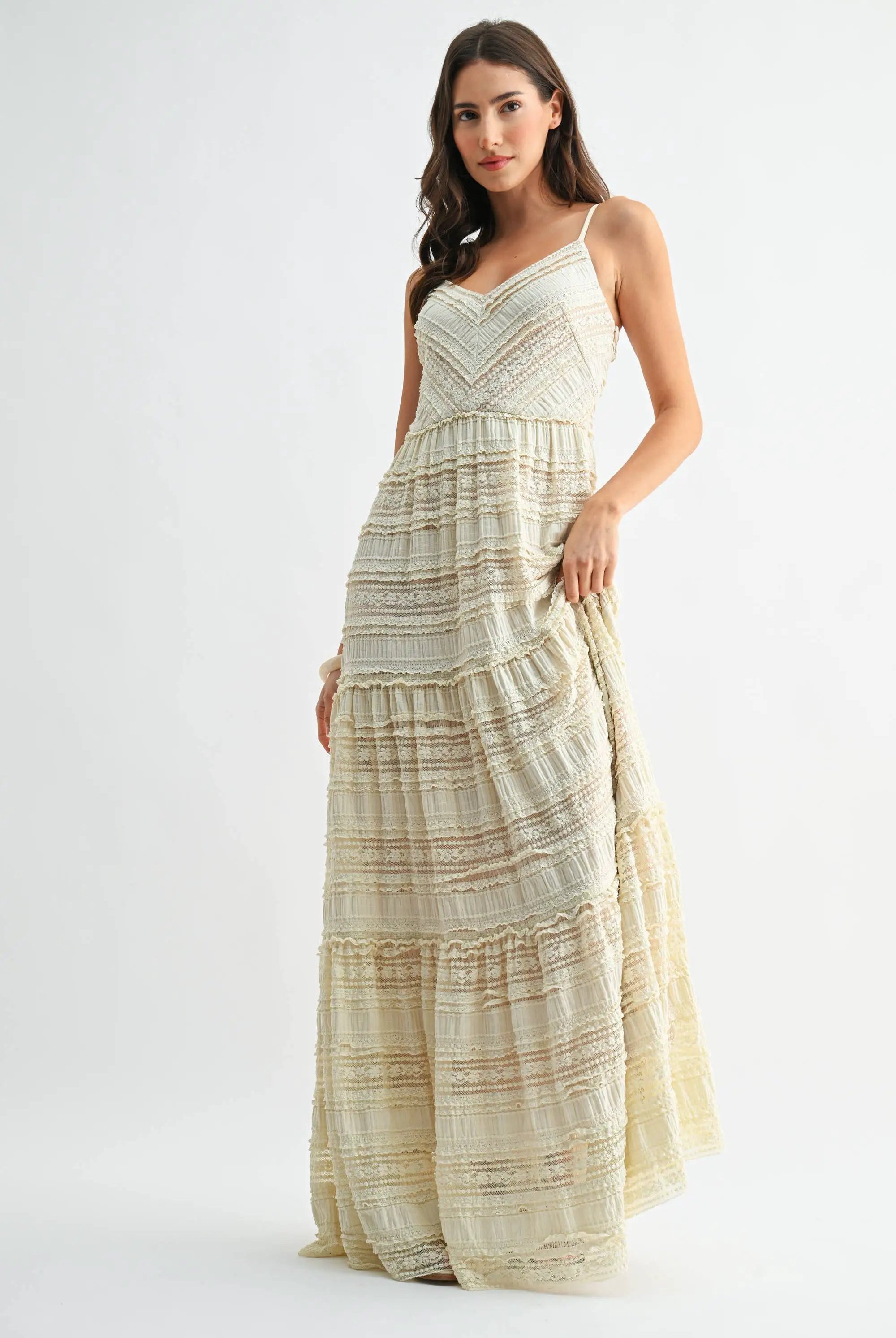 Camellia The Tiered Lace Maxi Dress with Spaghetti Straps: CREAM - Dresses