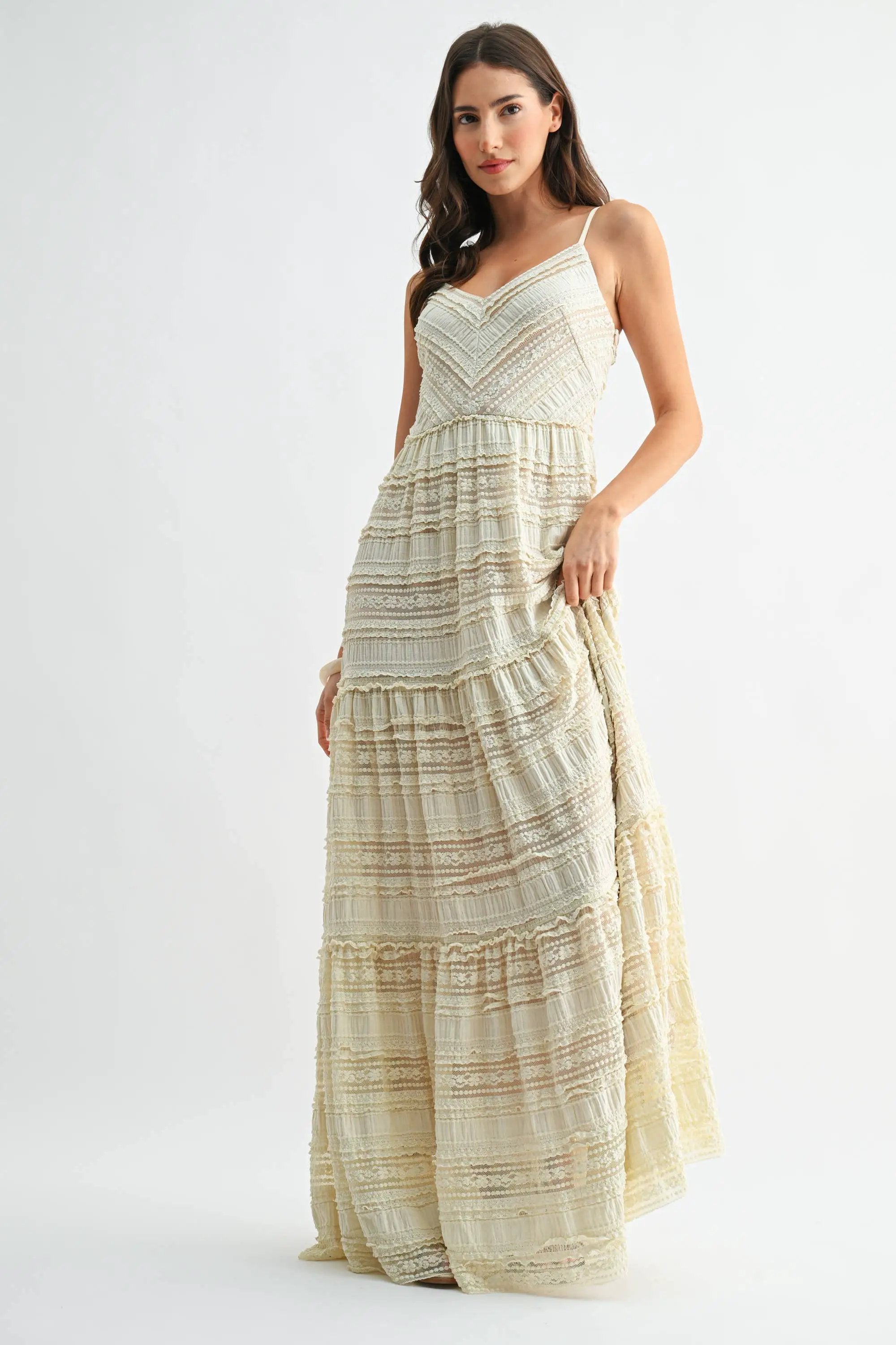 Camellia The Tiered Lace Maxi Dress with Spaghetti Straps: CREAM - Dresses