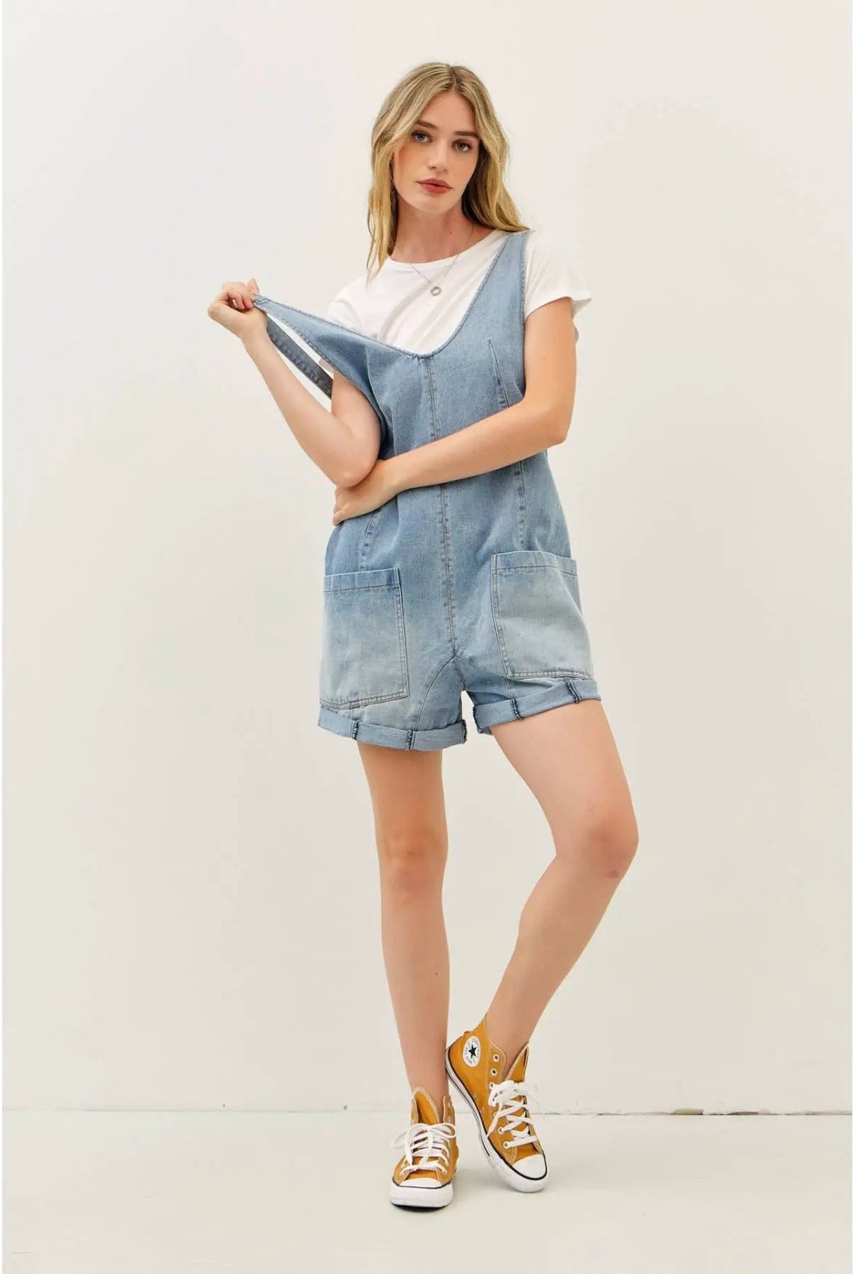 idem ditto RELAXED FIT WASHED DENIM ROMPER WITH FRONT POCKETS - One-Pieces