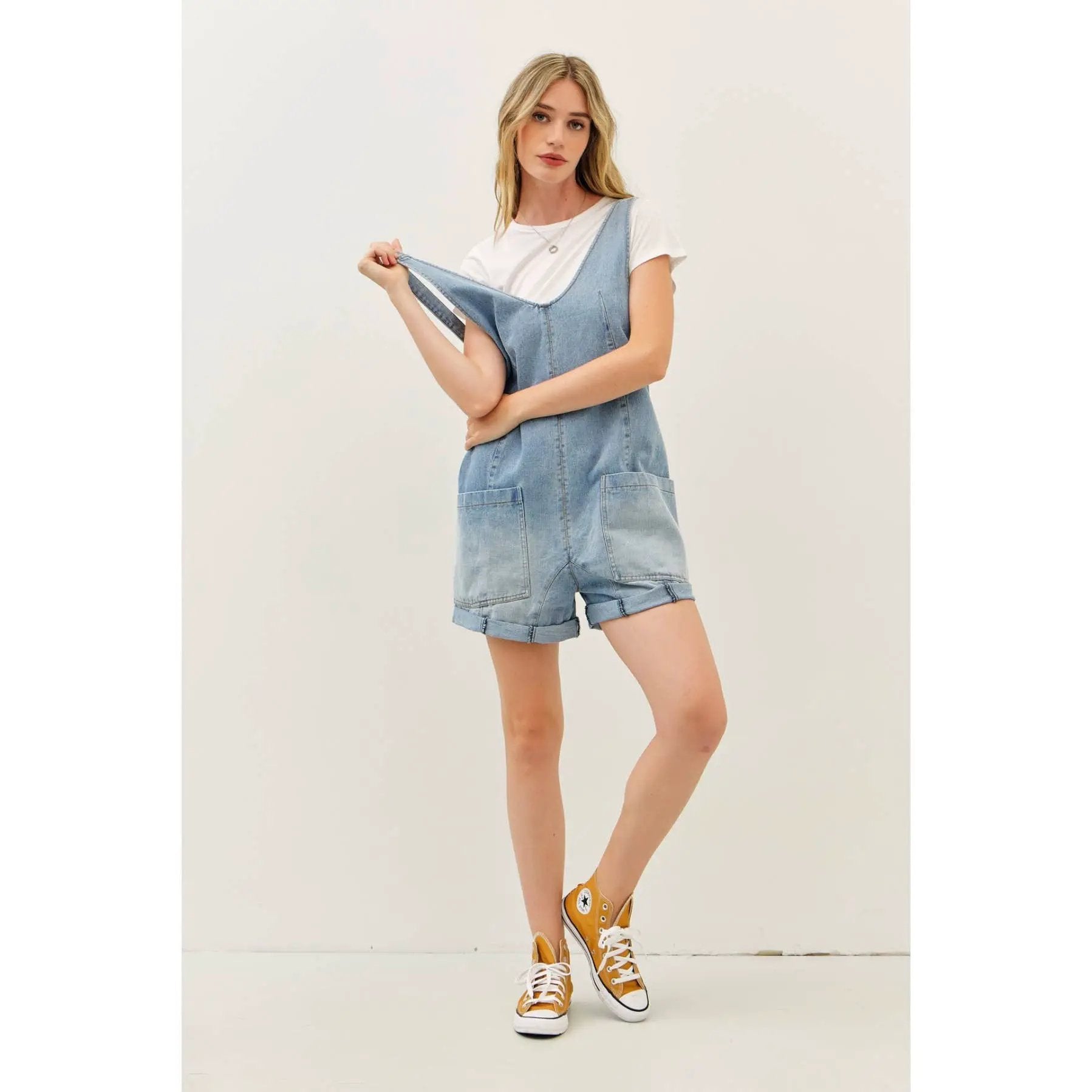 idem ditto RELAXED FIT WASHED DENIM ROMPER WITH FRONT POCKETS - One-Pieces