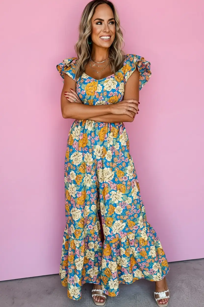 Grateful Threads Boutique The Golden Bloom Flutter Sleeve Jumpsuit - One-Pieces Yellow Floral Allover Print Shirred Cut Out High Waist Jumpsuit