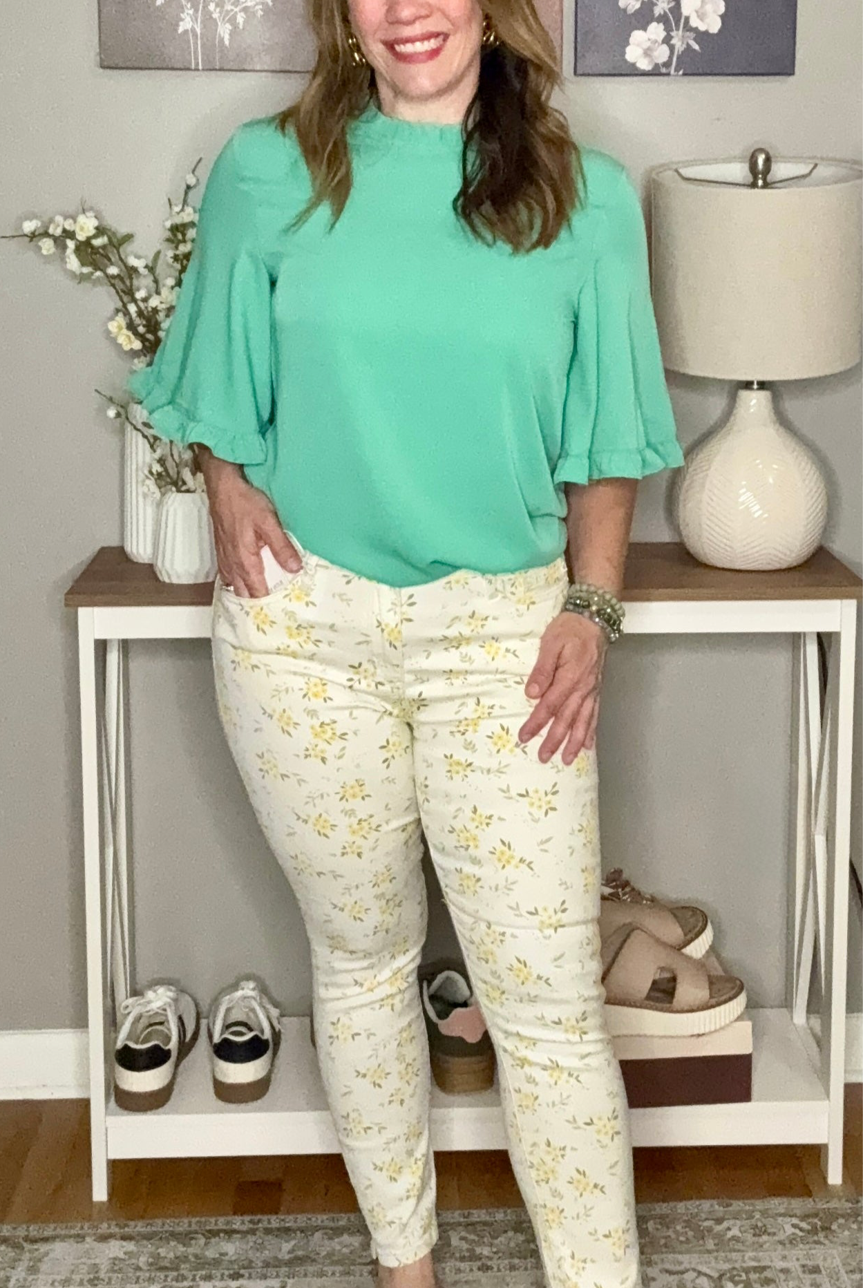 Grateful Threads Boutique Green Frilly Round Neck Wide Half Sleeve Blouse - Blouses Green Frilly blouse