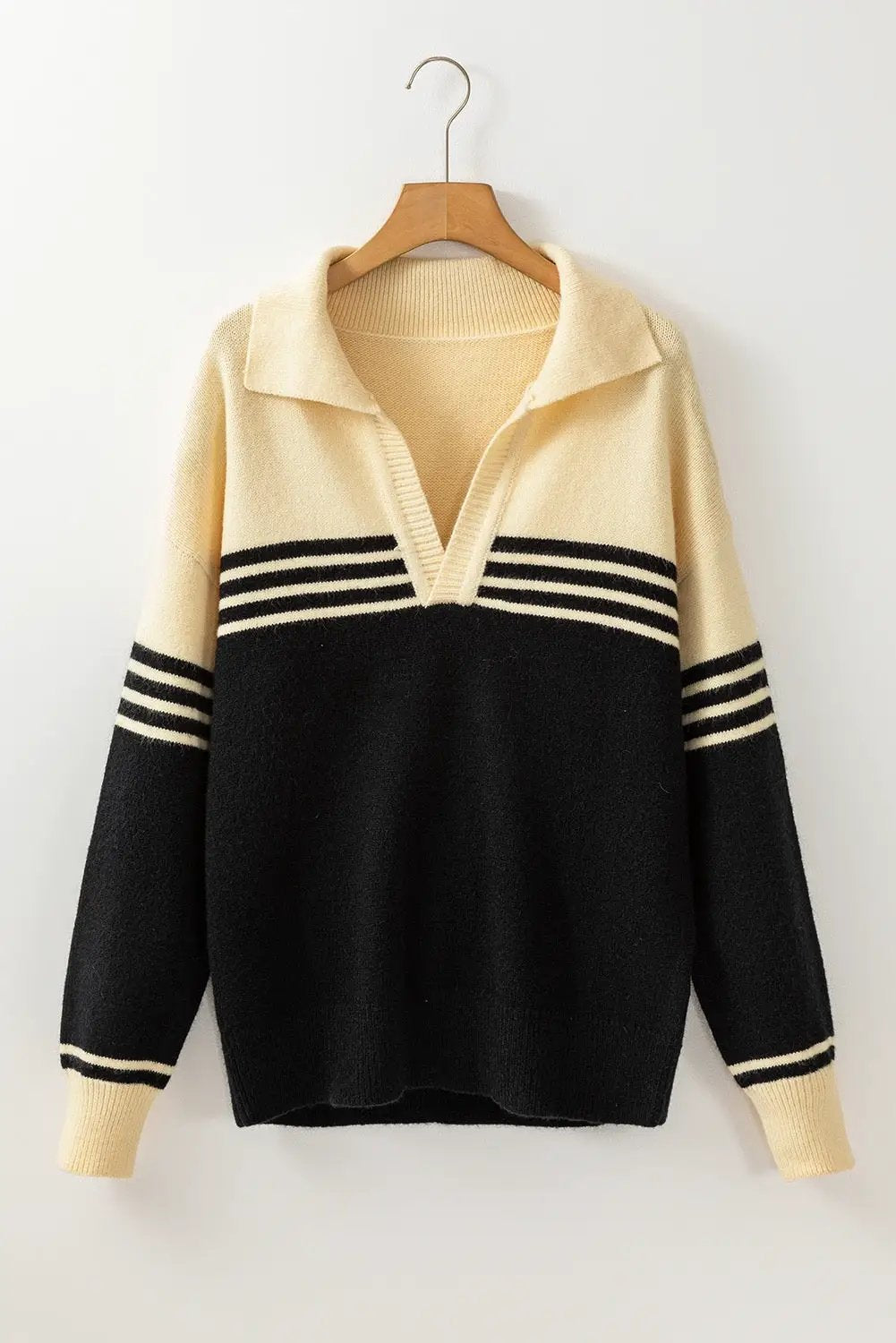 Grateful Threads Boutique Black Colorblock Stripe Collared V Neck Sweater - Sweaters Black Colorblock Stripe Collared V Neck Sweater